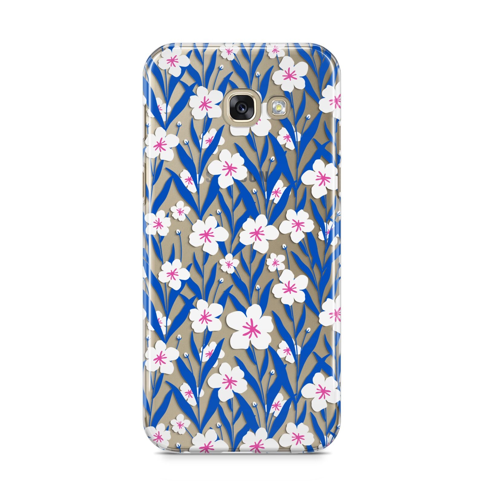 Blue and White Flowers Samsung Galaxy A5 2017 Case on gold phone
