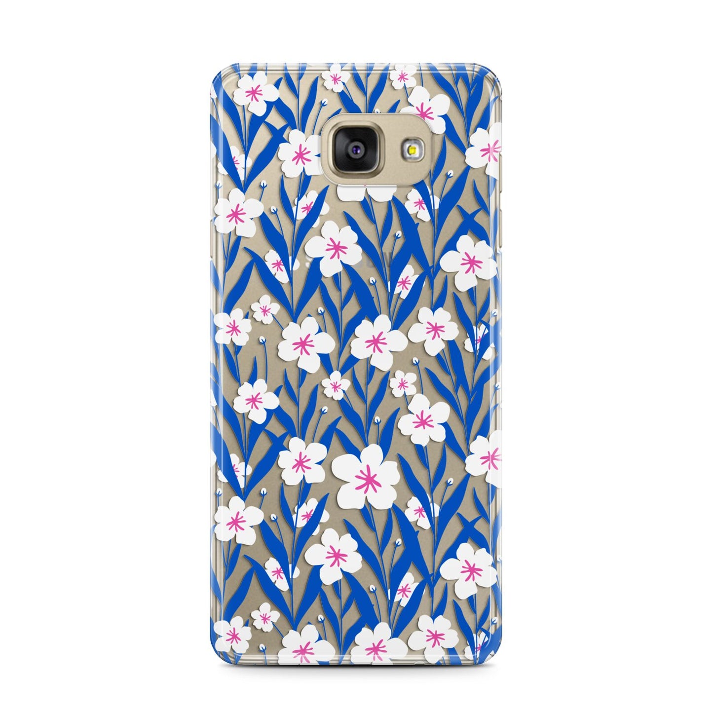 Blue and White Flowers Samsung Galaxy A7 2016 Case on gold phone