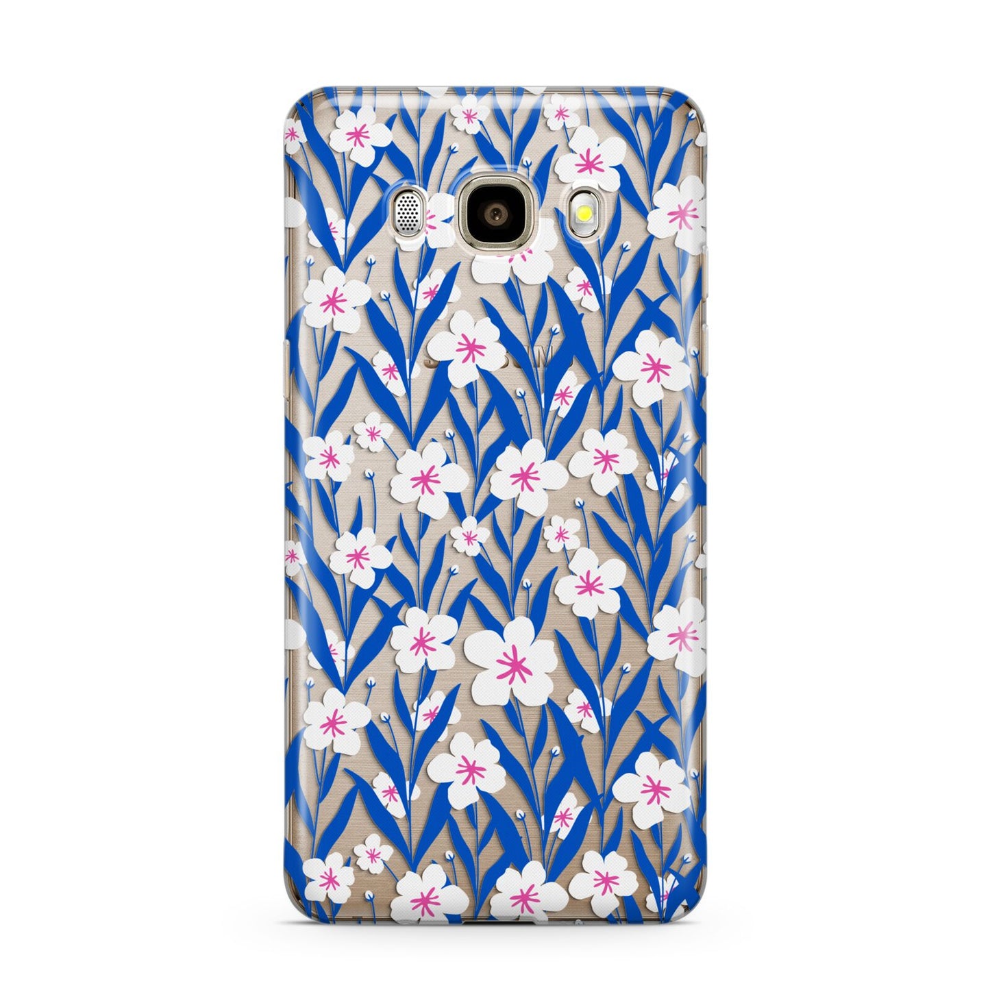 Blue and White Flowers Samsung Galaxy J7 2016 Case on gold phone