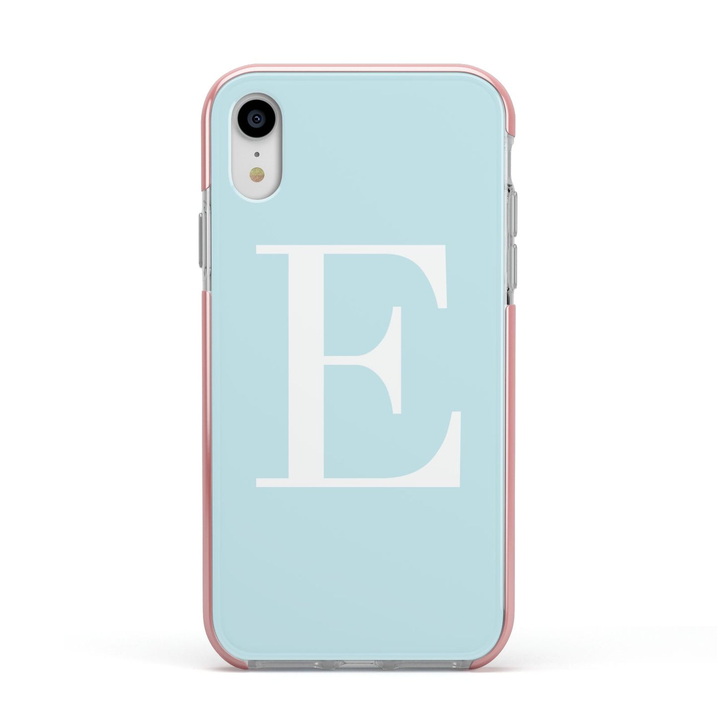 Blue with White Personalised Monogram Apple iPhone XR Impact Case Pink Edge on Silver Phone