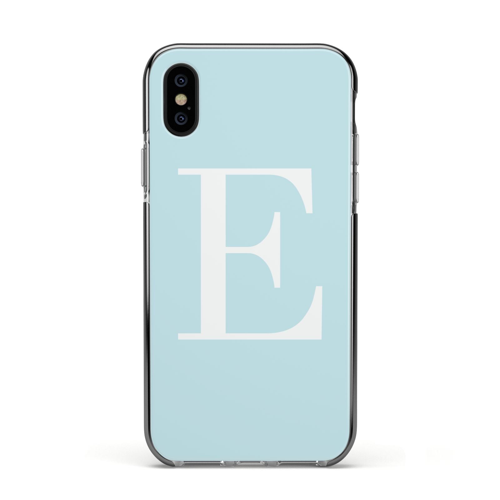 Blue with White Personalised Monogram Apple iPhone Xs Impact Case Black Edge on Black Phone