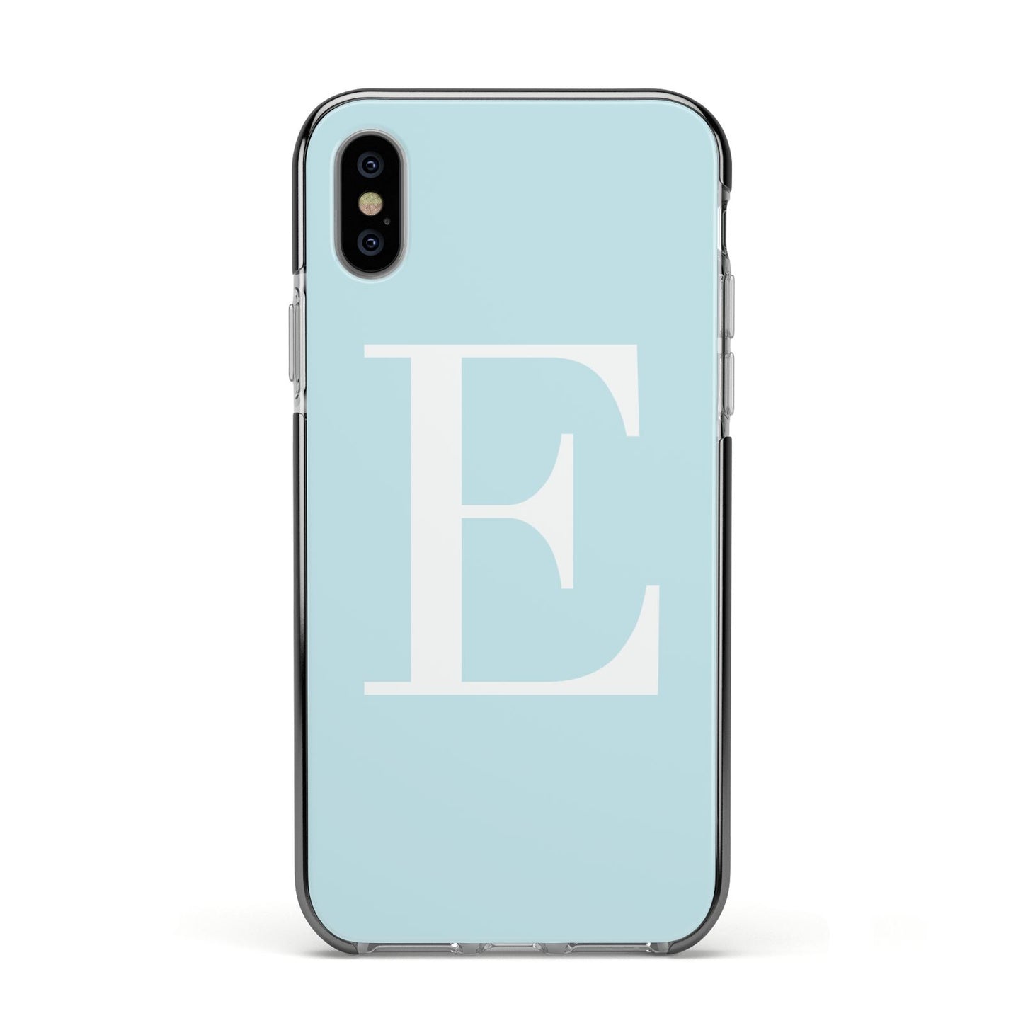 Blue with White Personalised Monogram Apple iPhone Xs Impact Case Black Edge on Silver Phone