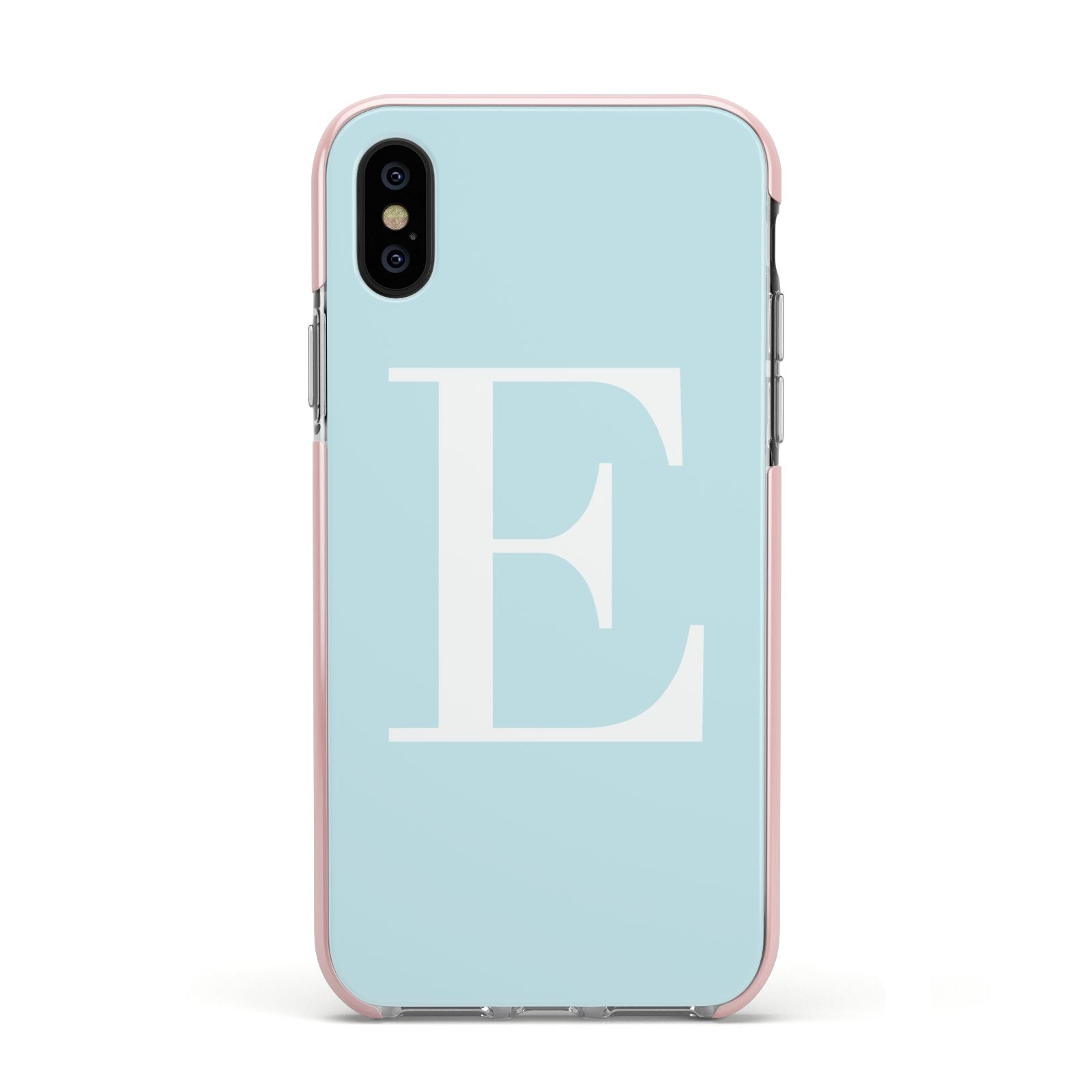 Blue with White Personalised Monogram Apple iPhone Xs Impact Case Pink Edge on Black Phone