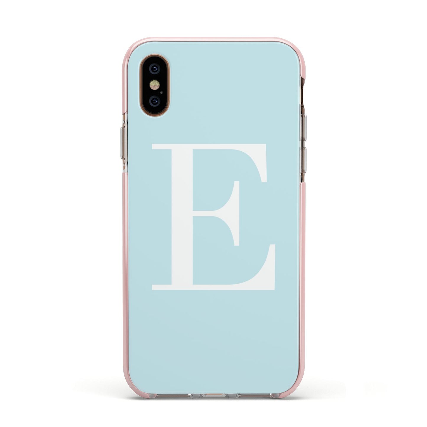 Blue with White Personalised Monogram Apple iPhone Xs Impact Case Pink Edge on Gold Phone