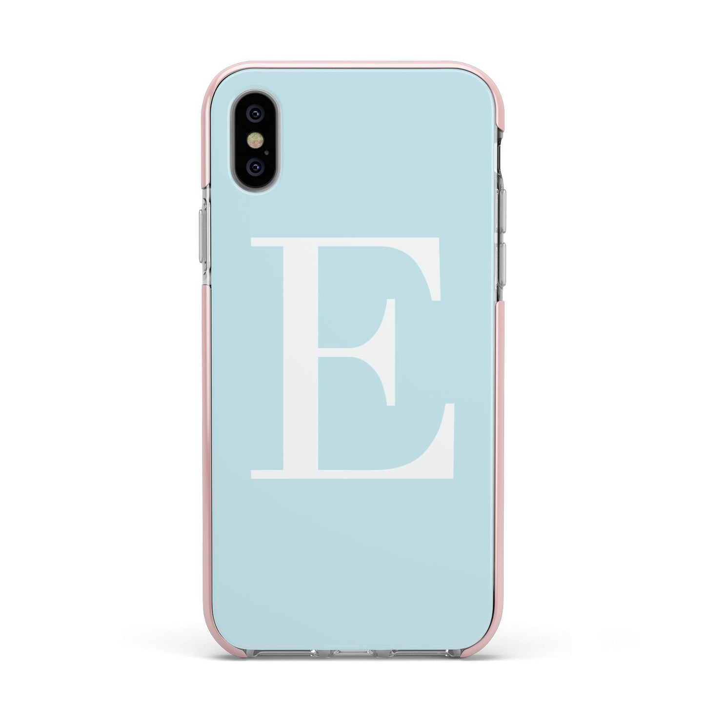 Blue with White Personalised Monogram Apple iPhone Xs Impact Case Pink Edge on Silver Phone