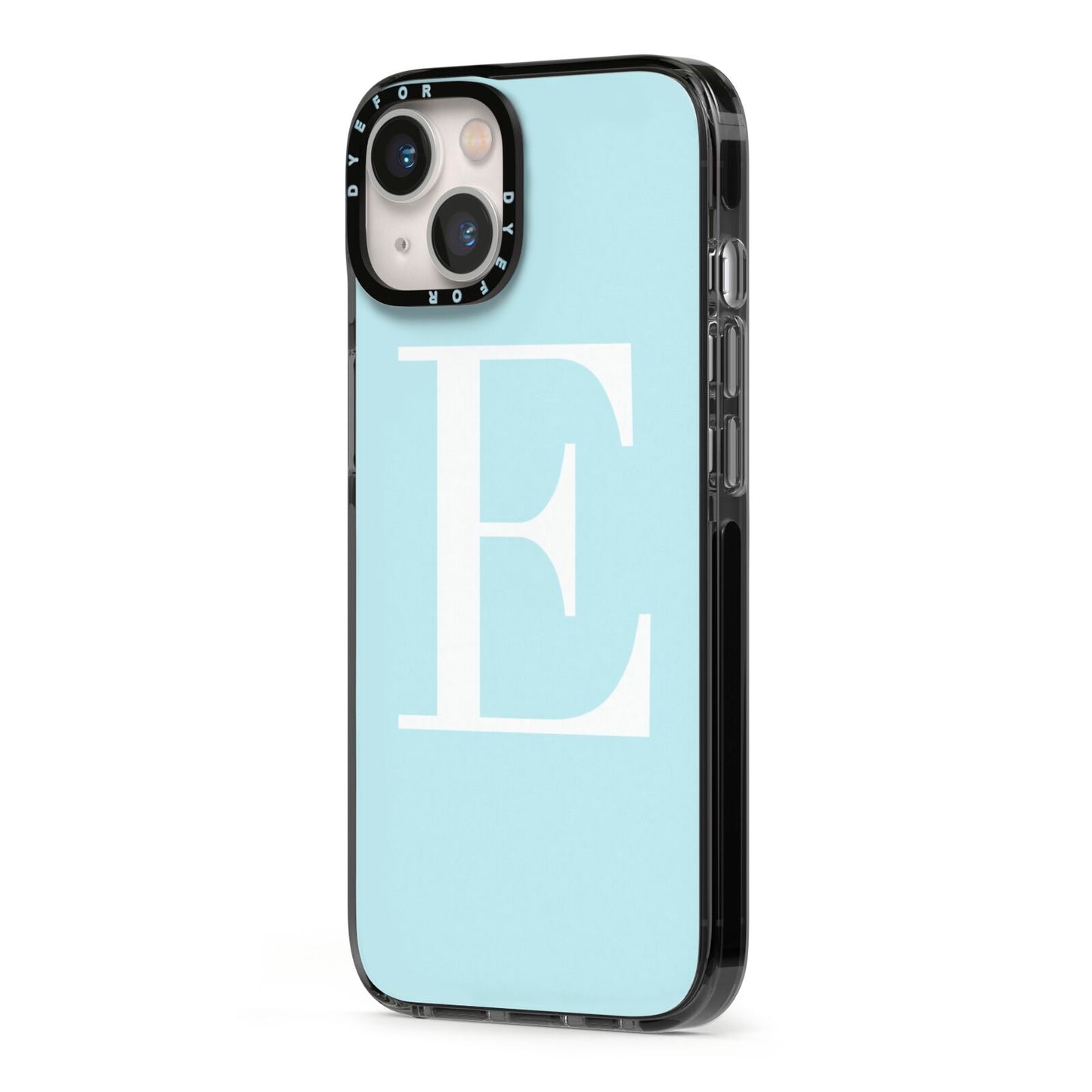 Blue with White Personalised Monogram iPhone 13 Black Impact Case Side Angle on Silver phone