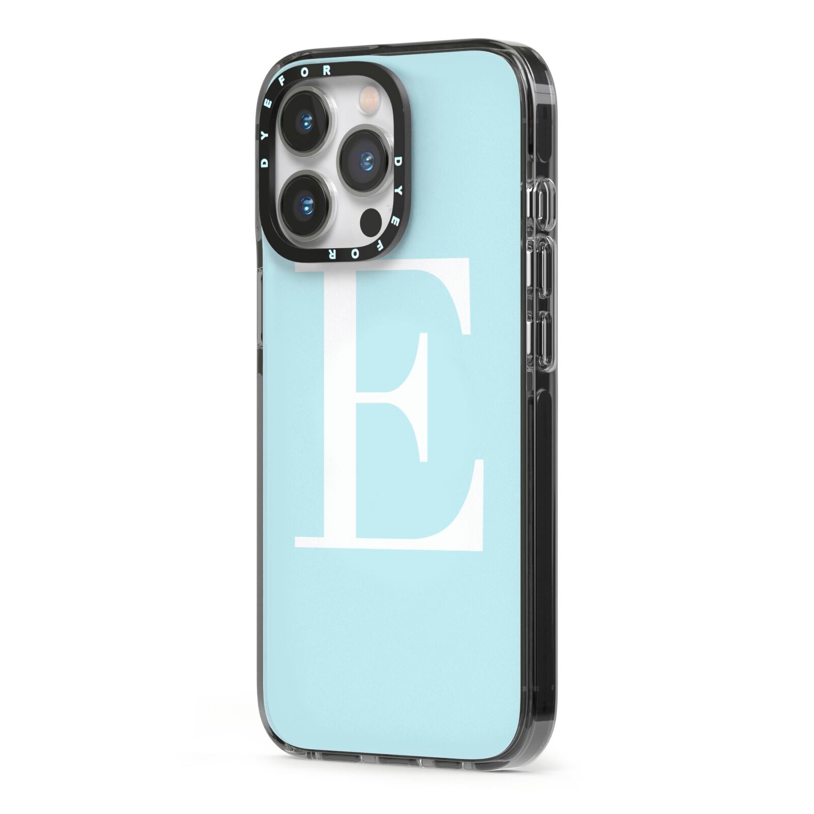 Blue with White Personalised Monogram iPhone 13 Pro Black Impact Case Side Angle on Silver phone