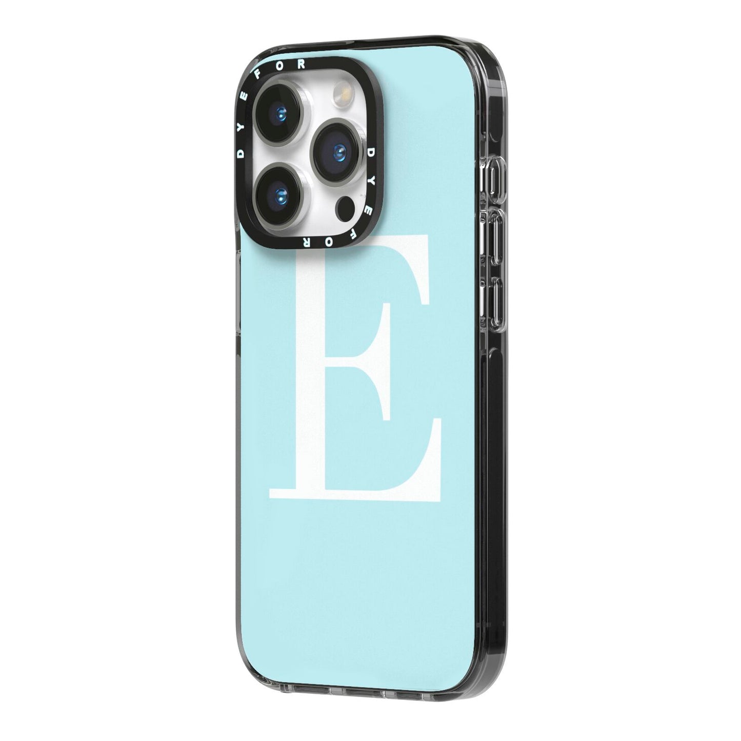 Blue with White Personalised Monogram iPhone 14 Pro Black Impact Case Side Angle on Silver phone