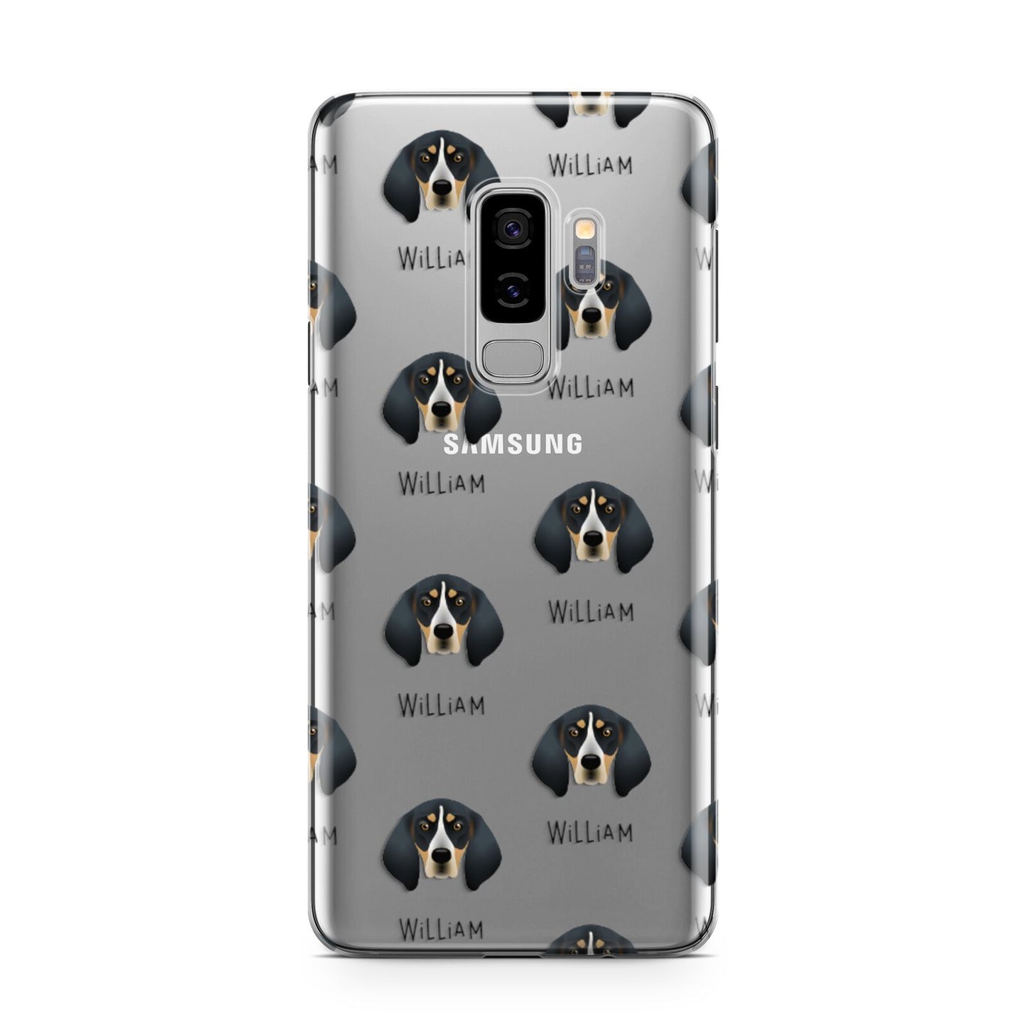 Bluetick Coonhound Icon with Name Samsung Galaxy S9 Plus Case on Silver phone