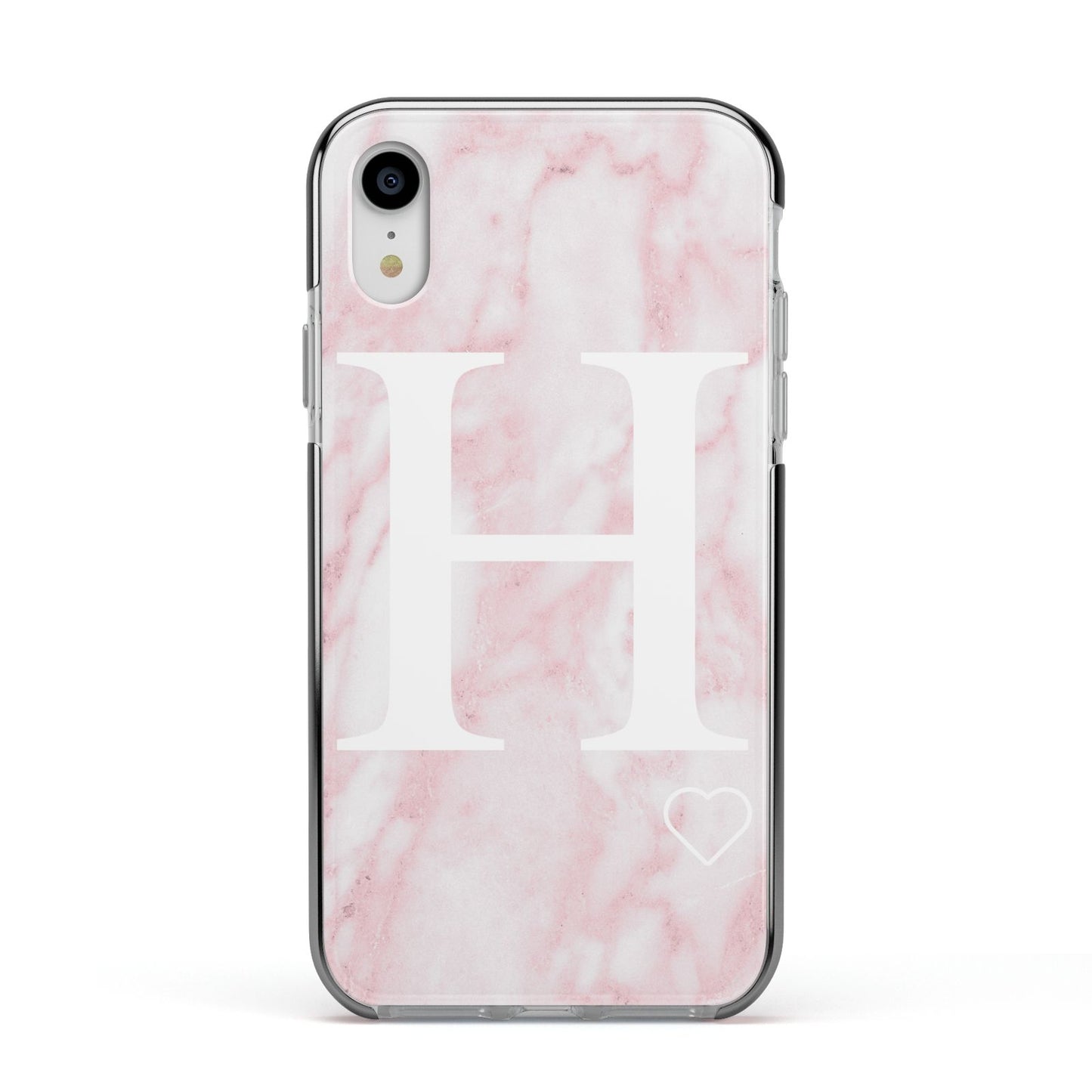 Blush Marble Custom Initial Personalised Apple iPhone XR Impact Case Black Edge on Silver Phone