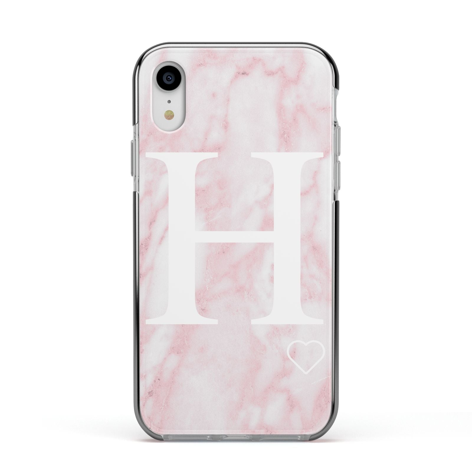 Blush Marble Custom Initial Personalised Apple iPhone XR Impact Case Black Edge on Silver Phone