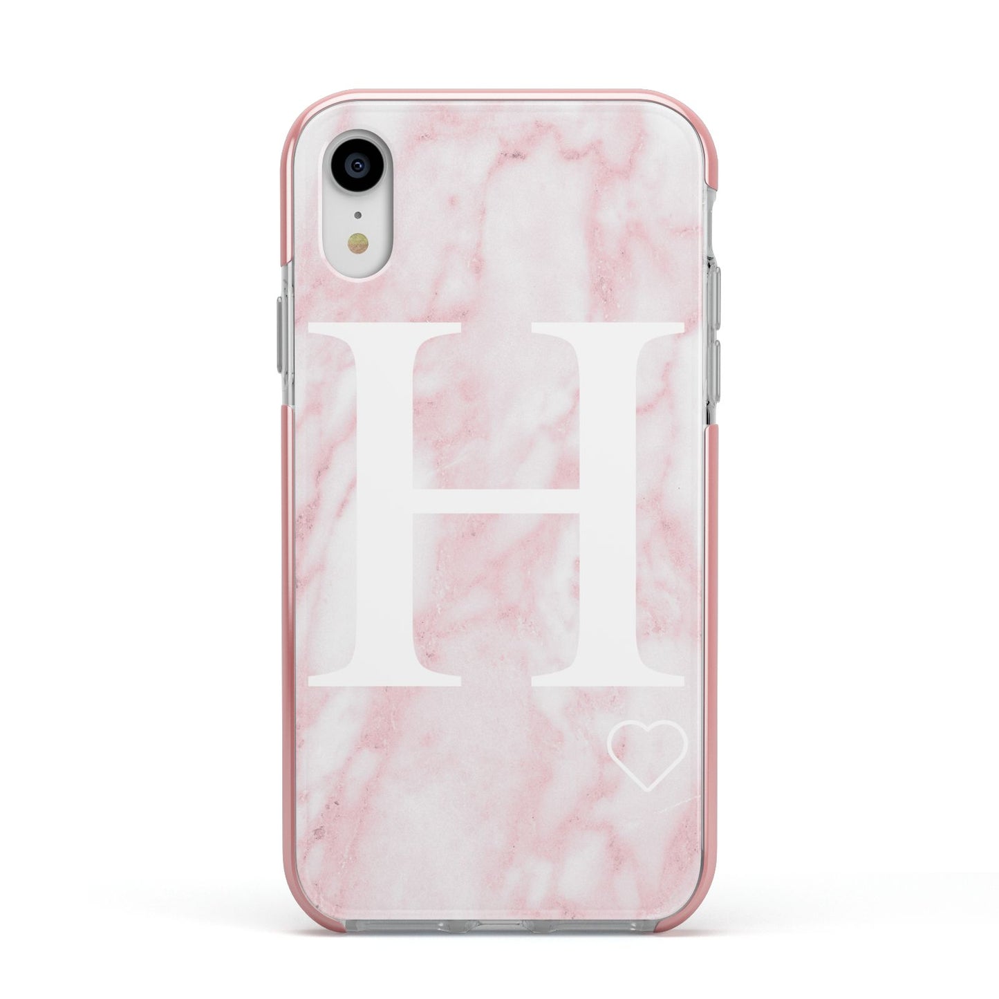 Blush Marble Custom Initial Personalised Apple iPhone XR Impact Case Pink Edge on Silver Phone