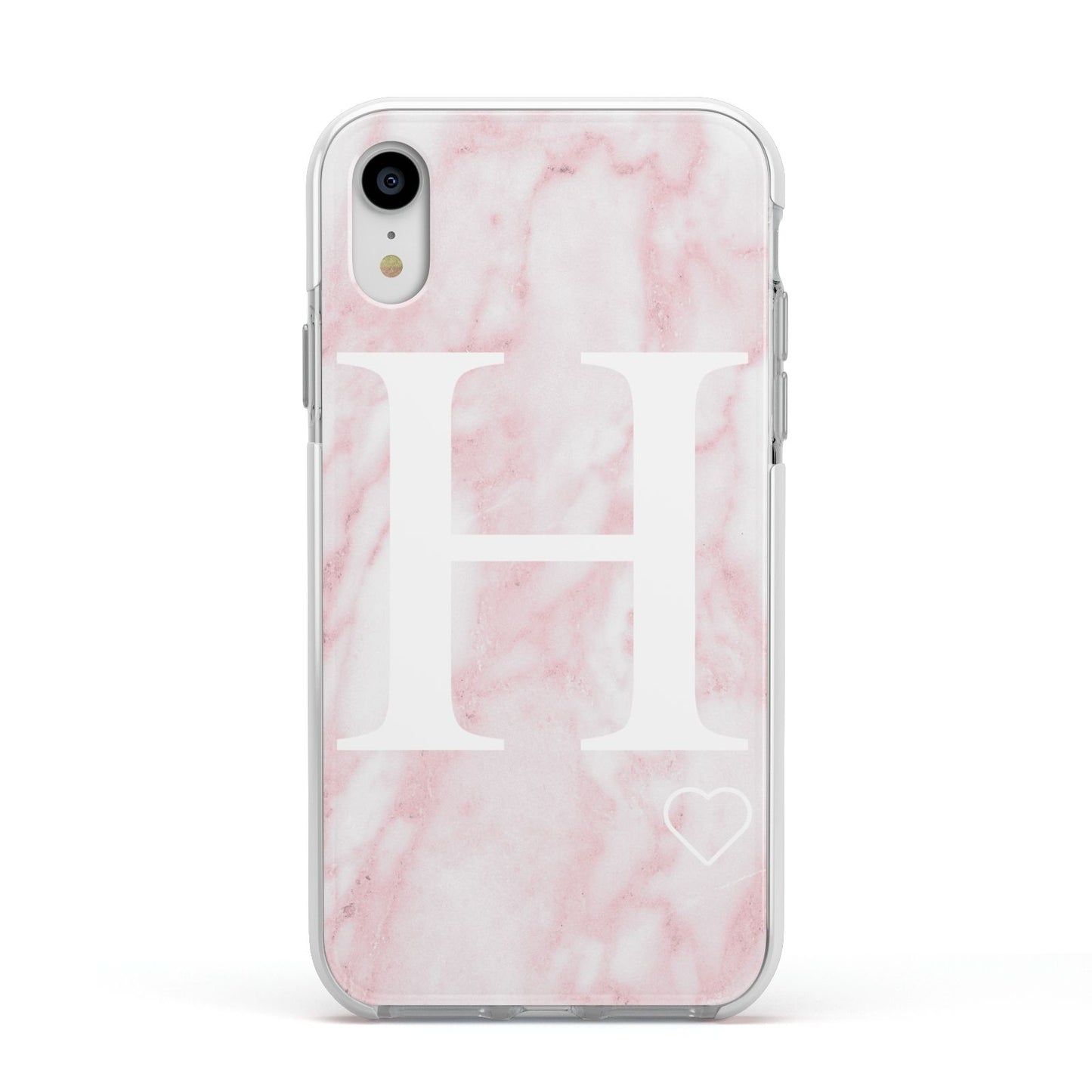 Blush Marble Custom Initial Personalised Apple iPhone XR Impact Case White Edge on Silver Phone