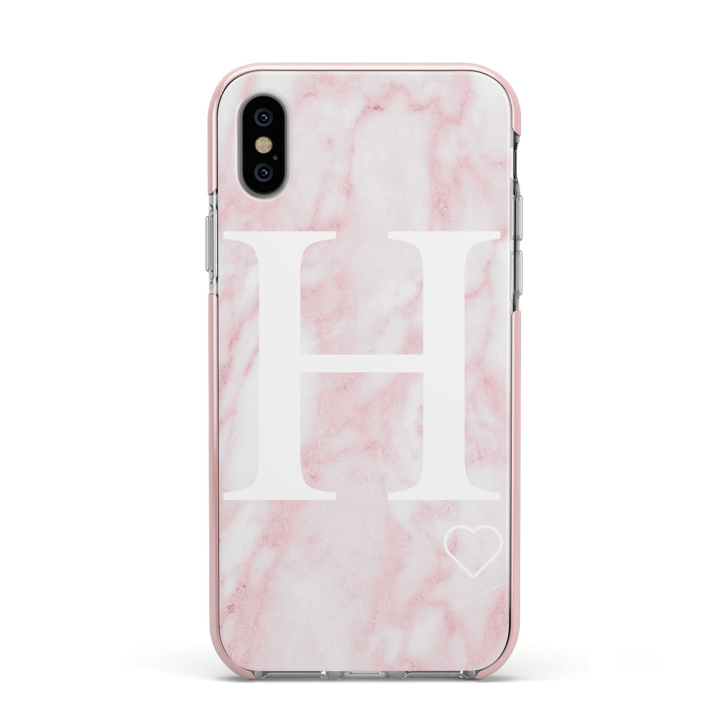 Blush Marble Custom Initial Personalised Apple iPhone Xs Impact Case Pink Edge on Silver Phone