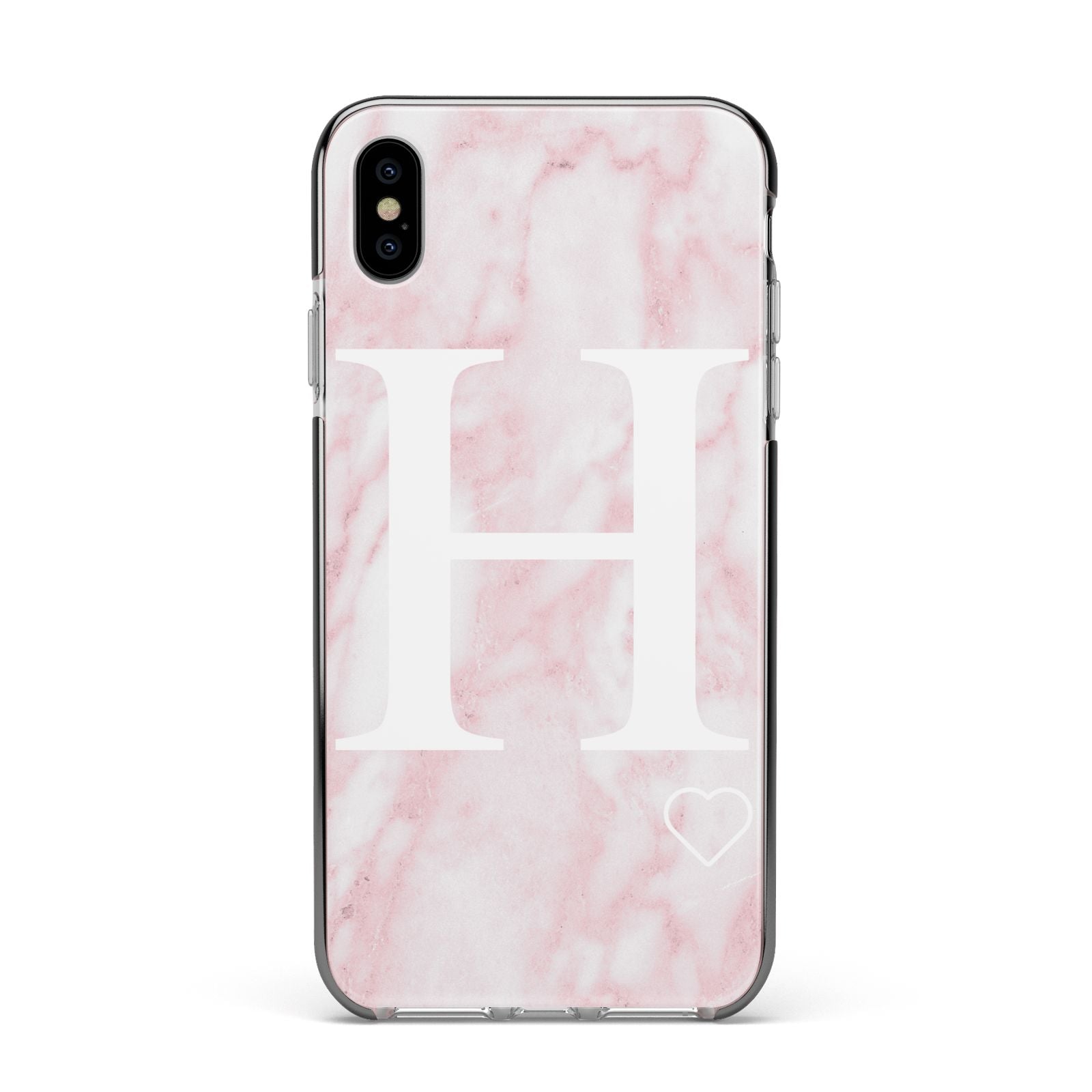 Blush Marble Custom Initial Personalised Apple iPhone Xs Max Impact Case Black Edge on Silver Phone