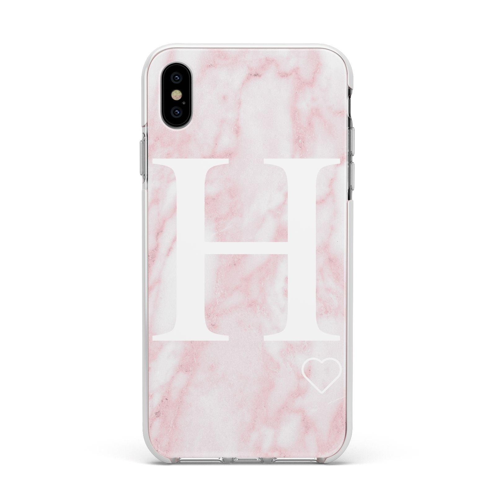 Blush Marble Custom Initial Personalised Apple iPhone Xs Max Impact Case White Edge on Silver Phone