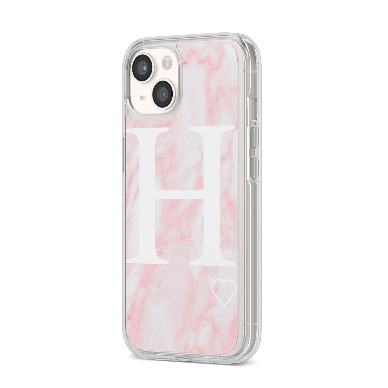 Blush Marble Custom Initial Personalised iPhone 14 Clear Tough Case Starlight Angled Image