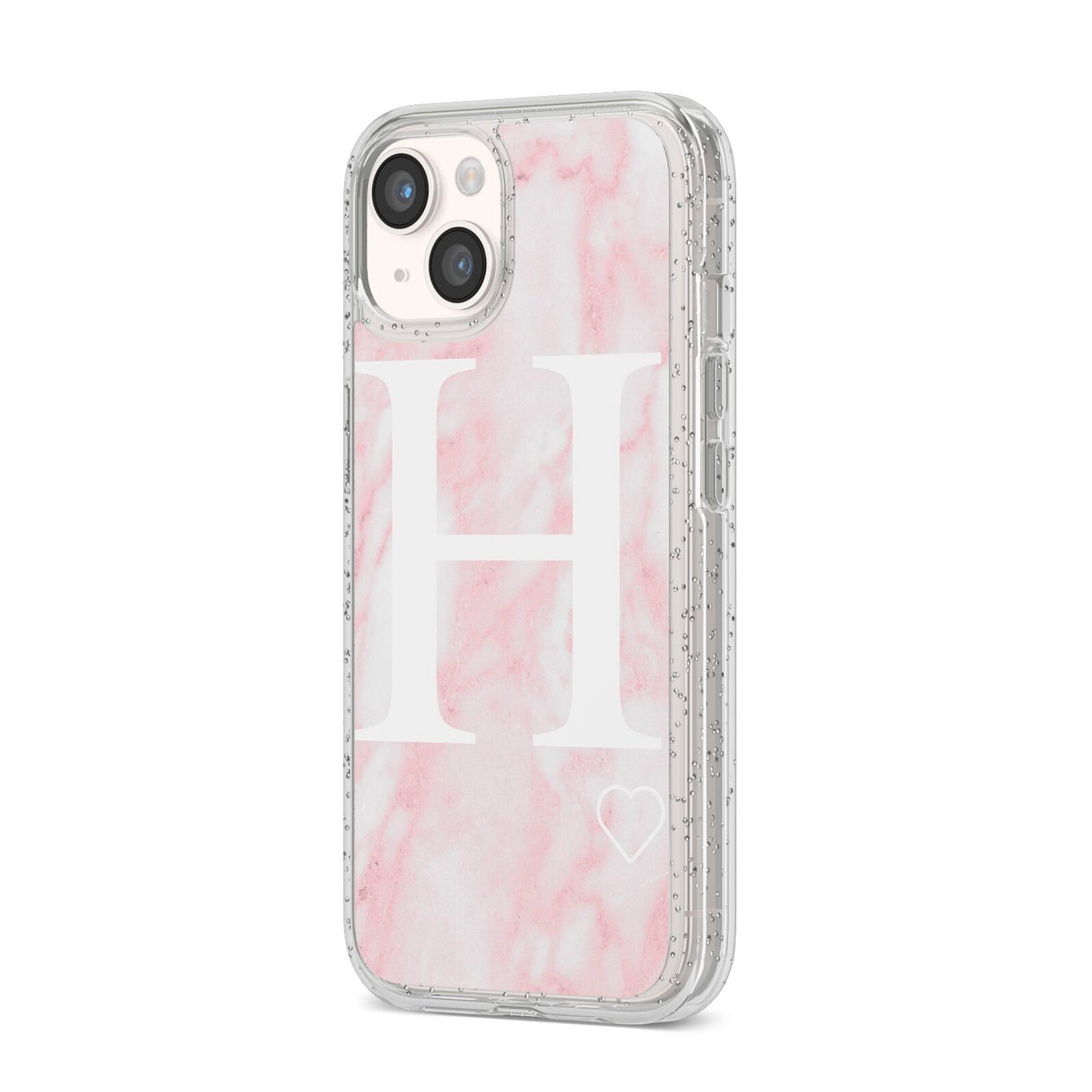 Blush Marble Custom Initial Personalised iPhone 14 Glitter Tough Case Starlight Angled Image