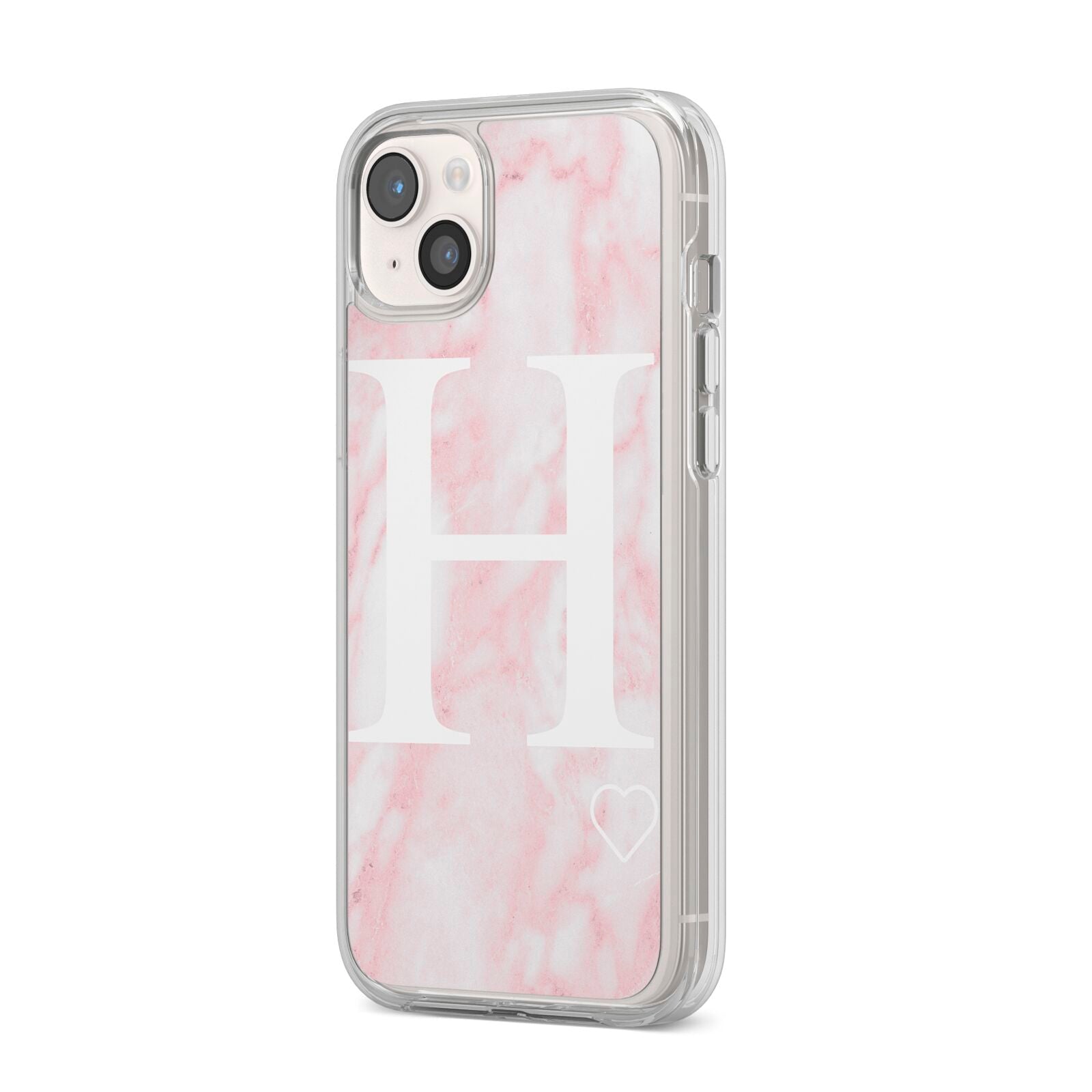 Blush Marble Custom Initial Personalised iPhone 14 Plus Clear Tough Case Starlight Angled Image