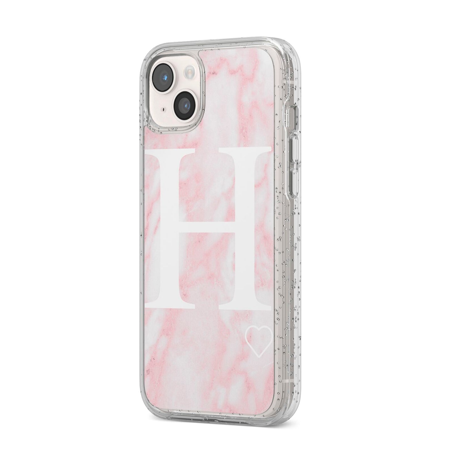 Blush Marble Custom Initial Personalised iPhone 14 Plus Glitter Tough Case Starlight Angled Image