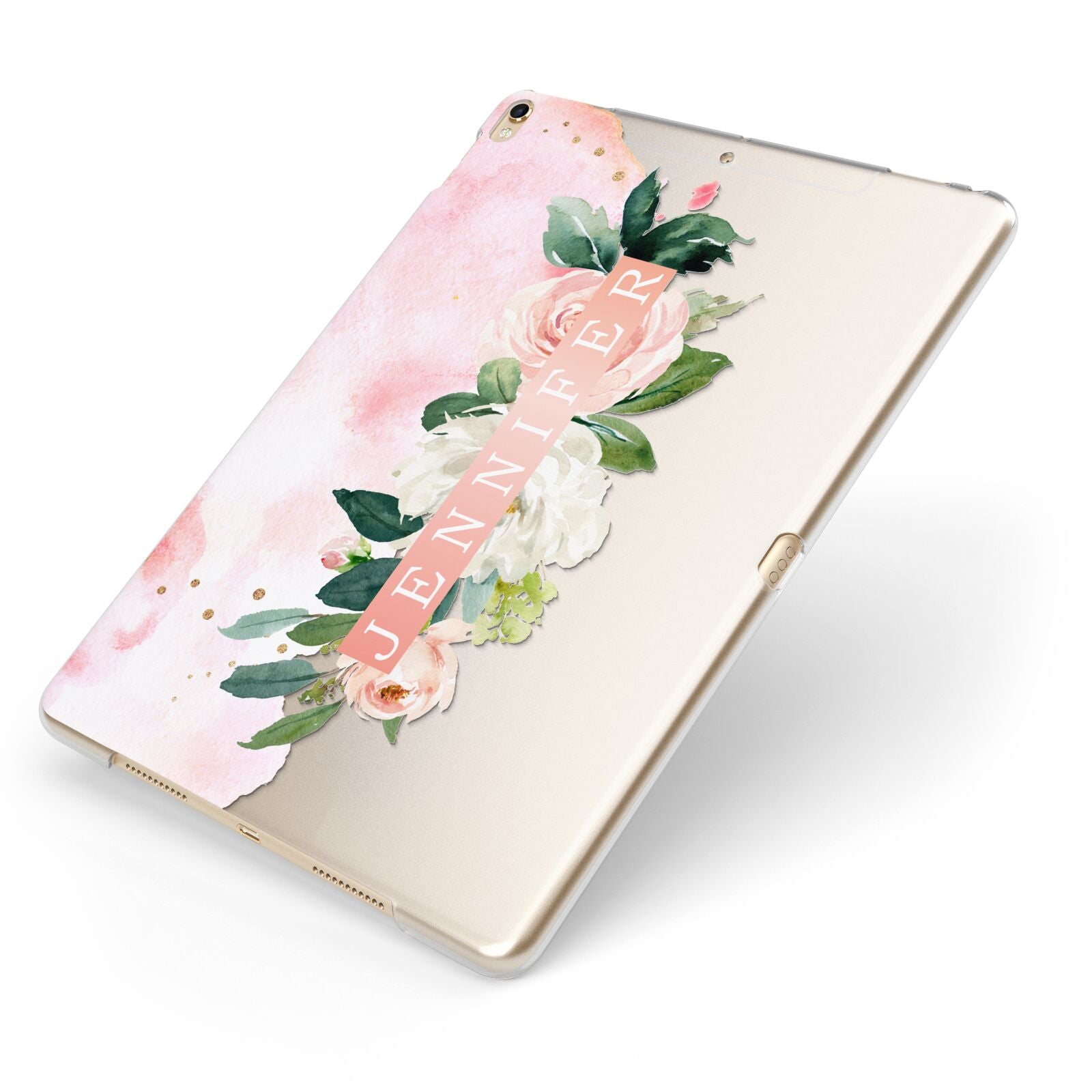 Blush Pink Personalised Name Floral Apple iPad Case on Gold iPad Side View