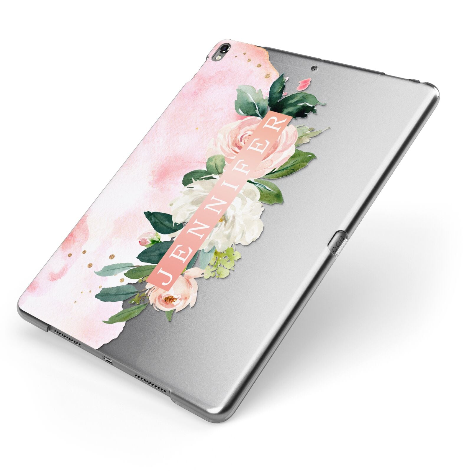 Blush Pink Personalised Name Floral Apple iPad Case on Grey iPad Side View