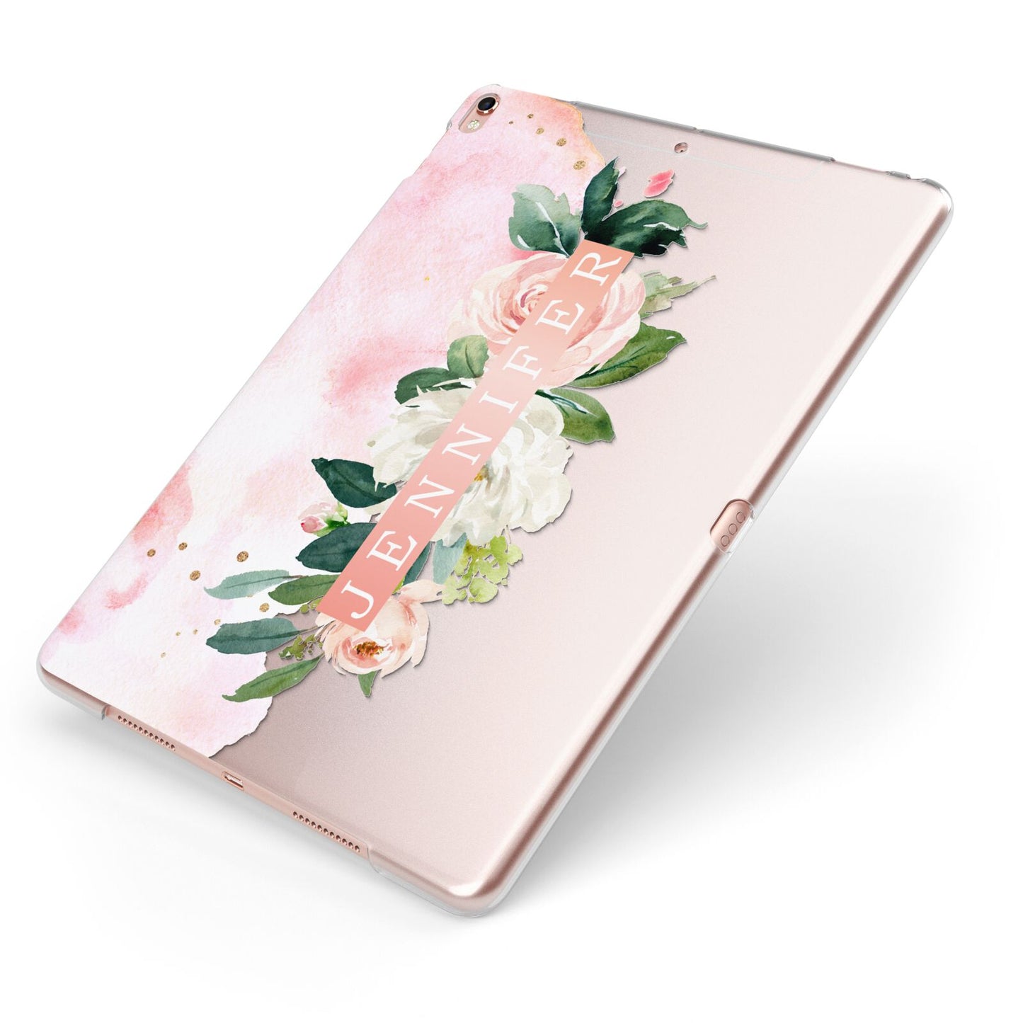 Blush Pink Personalised Name Floral Apple iPad Case on Rose Gold iPad Side View