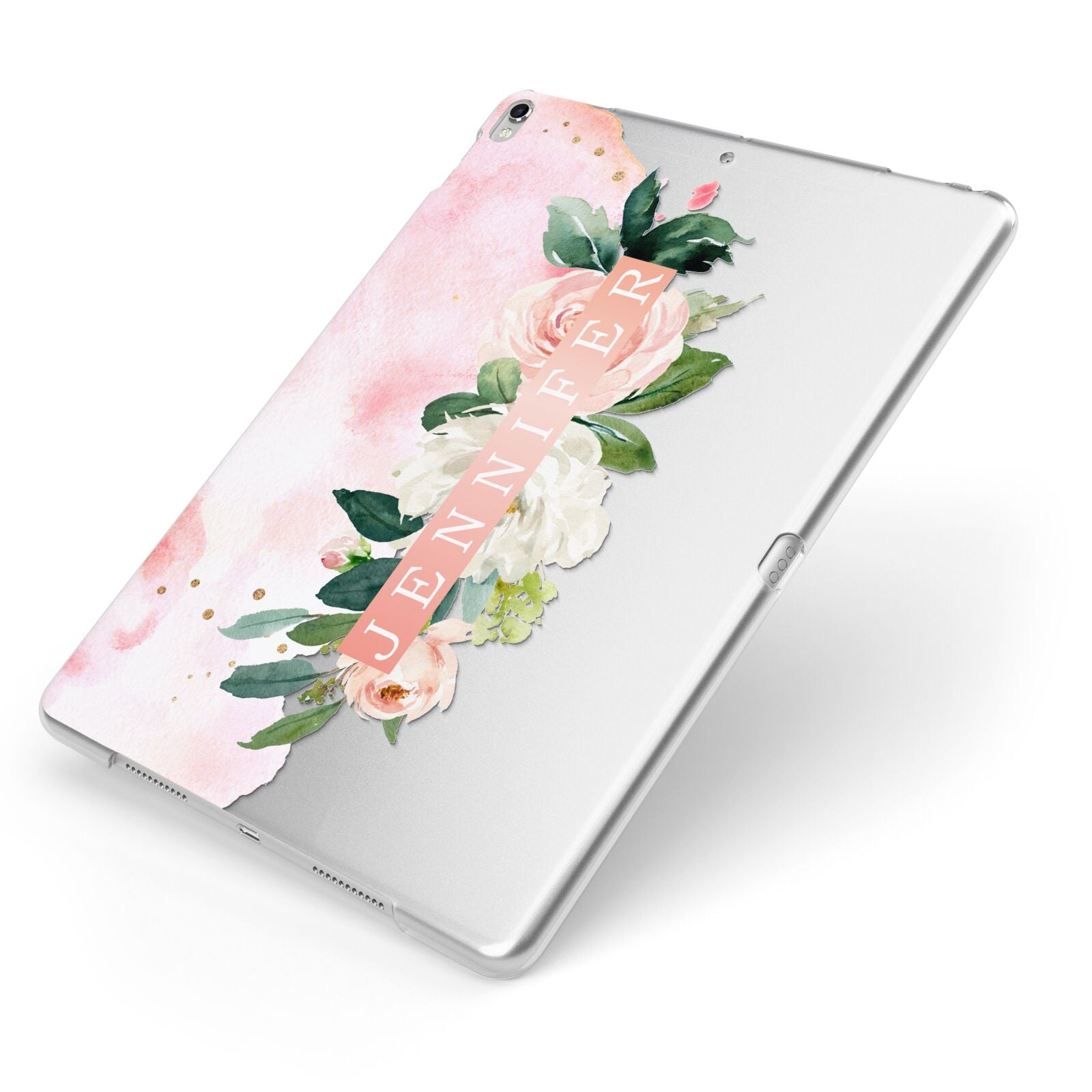 Blush Pink Personalised Name Floral Apple iPad Case on Silver iPad Side View