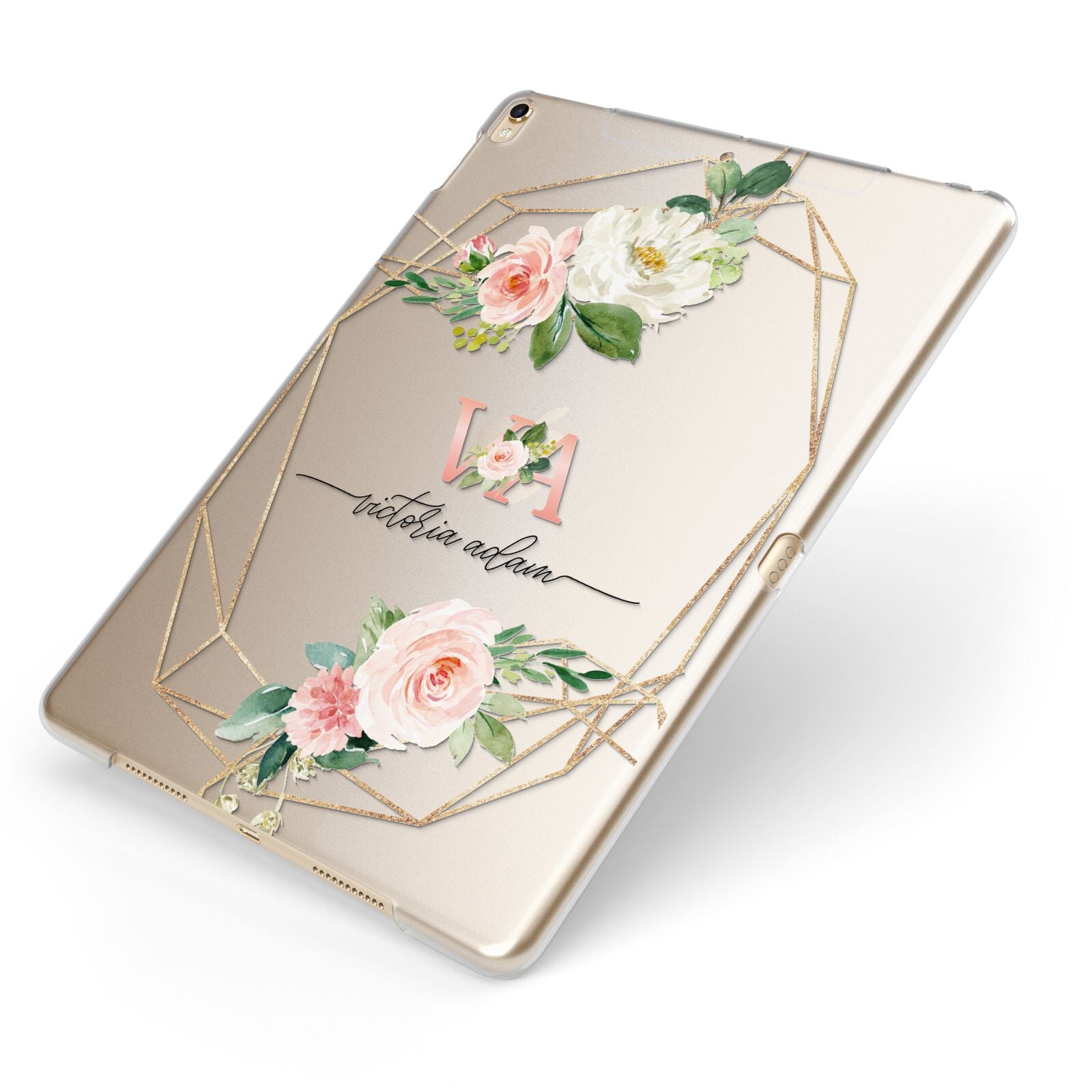 Blush Pink Rose Floral Personalised Apple iPad Case on Gold iPad Side View