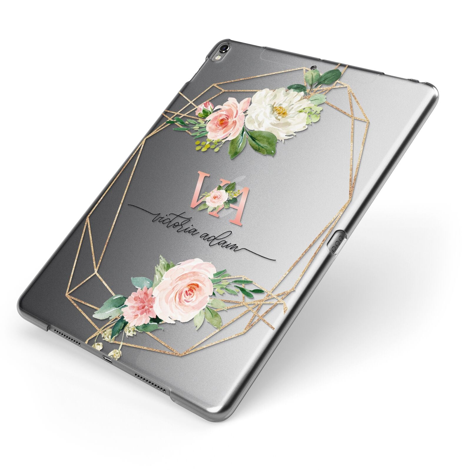 Blush Pink Rose Floral Personalised Apple iPad Case on Grey iPad Side View