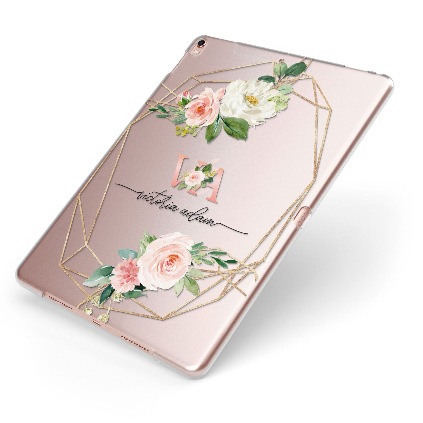 Blush Pink Rose Floral Personalised Apple iPad Case on Rose Gold iPad Side View