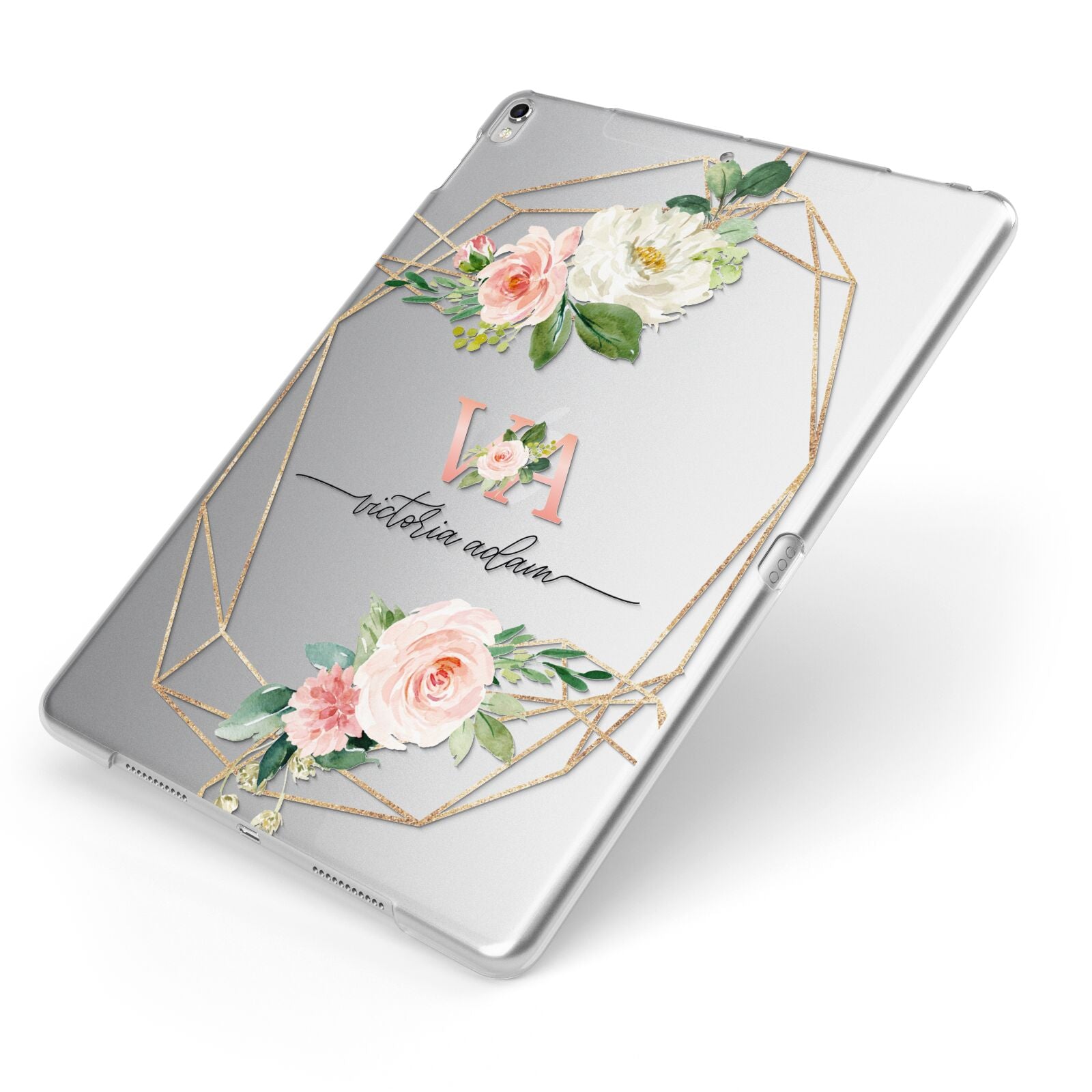 Blush Pink Rose Floral Personalised Apple iPad Case on Silver iPad Side View