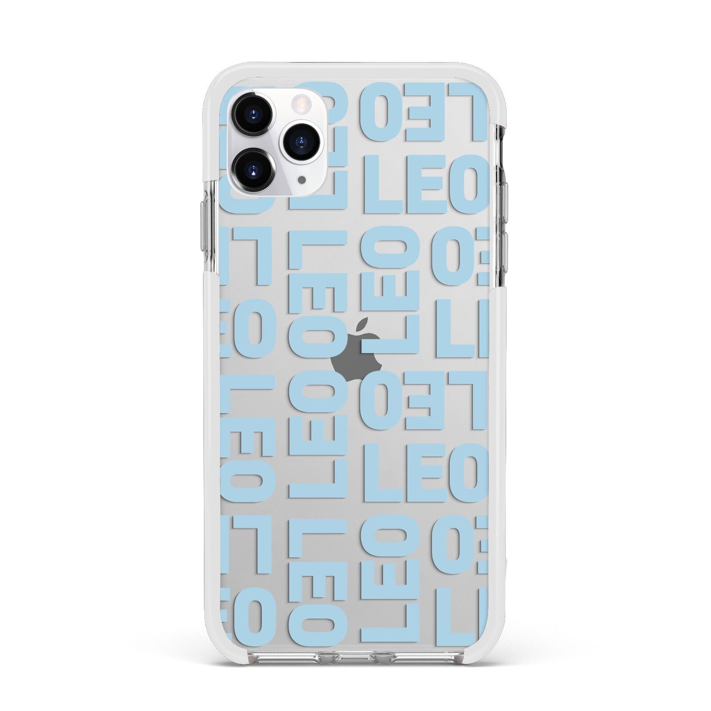 Bold Blue Block Names Apple iPhone 11 Pro Max in Silver with White Impact Case