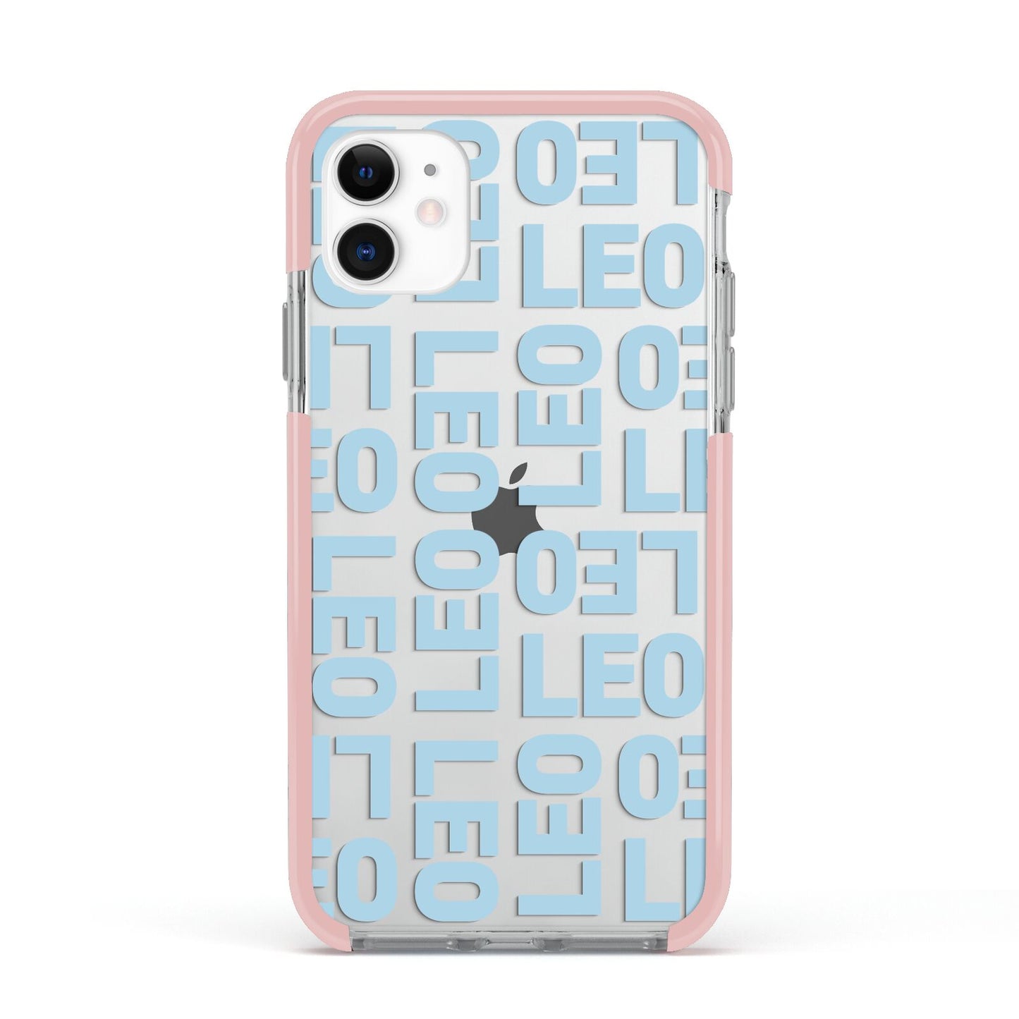 Bold Blue Block Names Apple iPhone 11 in White with Pink Impact Case