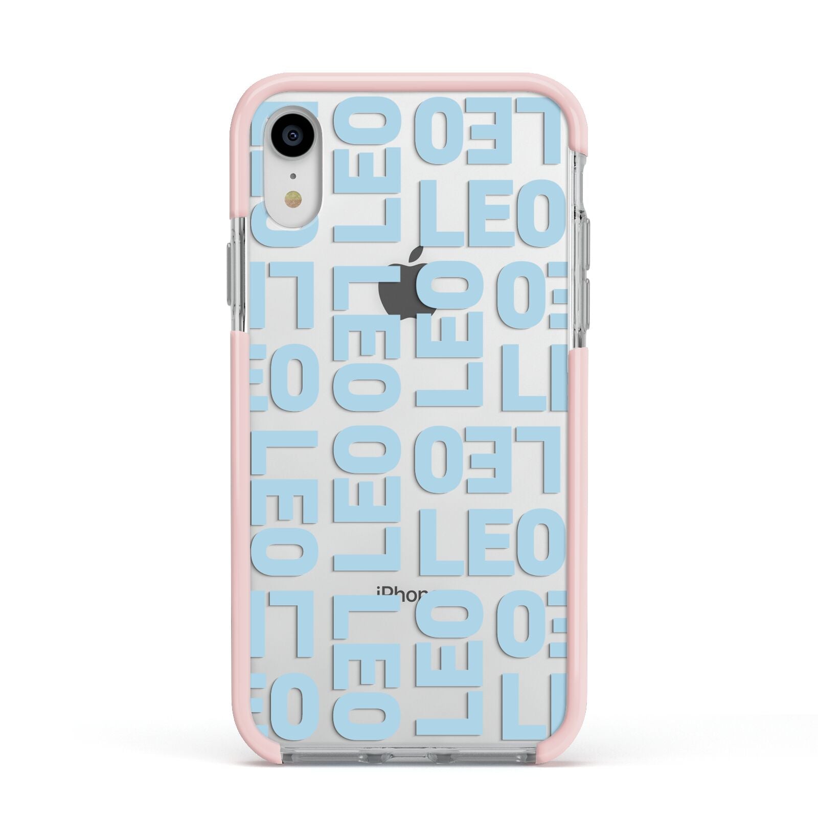 Bold Blue Block Names Apple iPhone XR Impact Case Pink Edge on Silver Phone