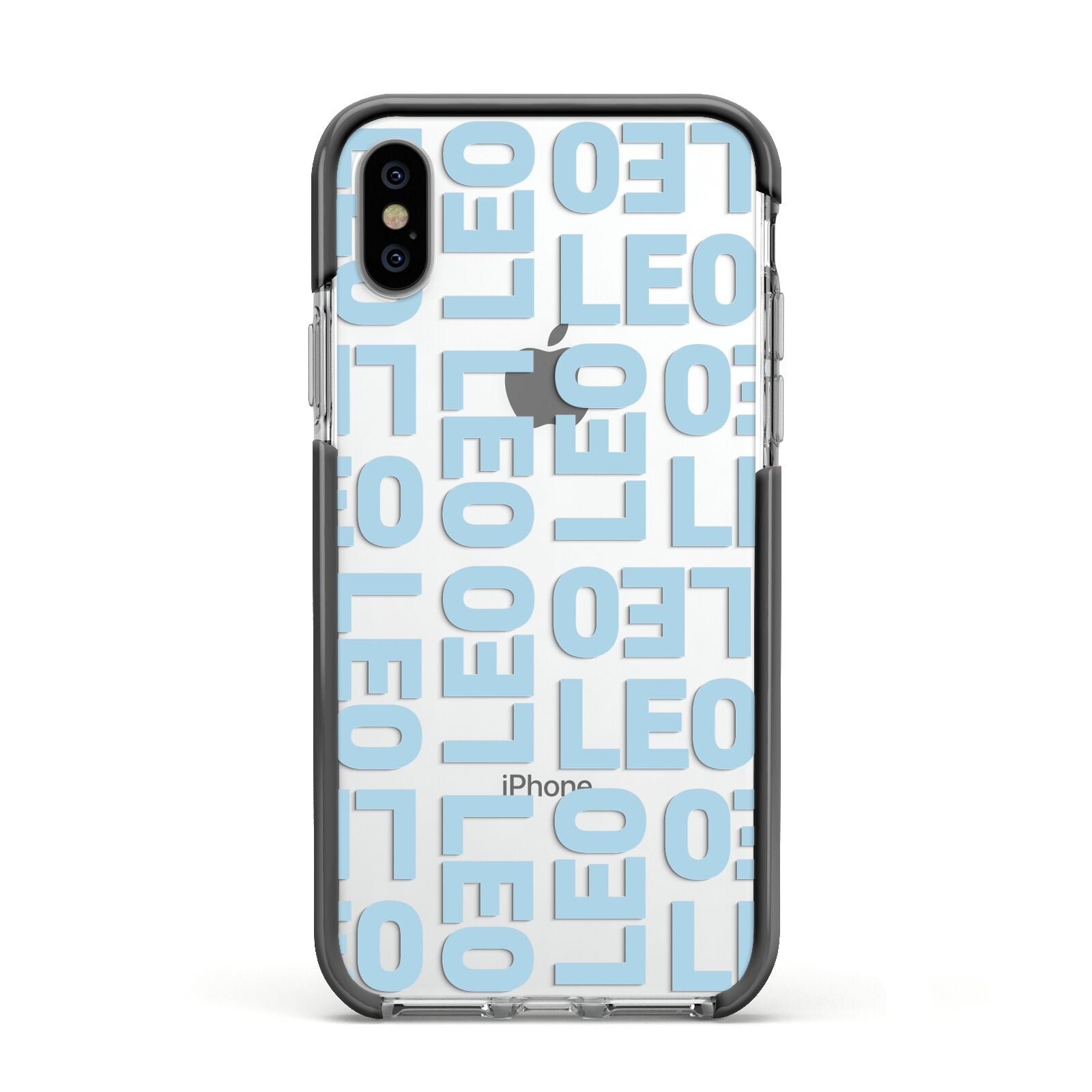 Bold Blue Block Names Apple iPhone Xs Impact Case Black Edge on Silver Phone