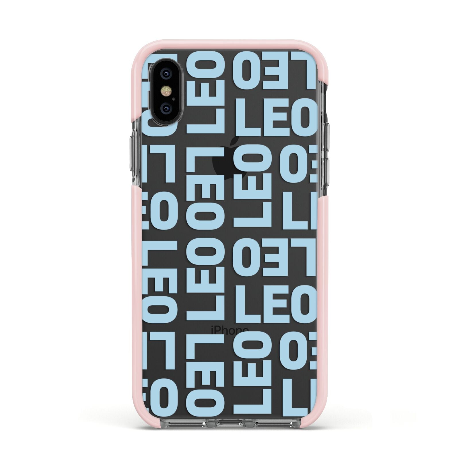 Bold Blue Block Names Apple iPhone Xs Impact Case Pink Edge on Black Phone