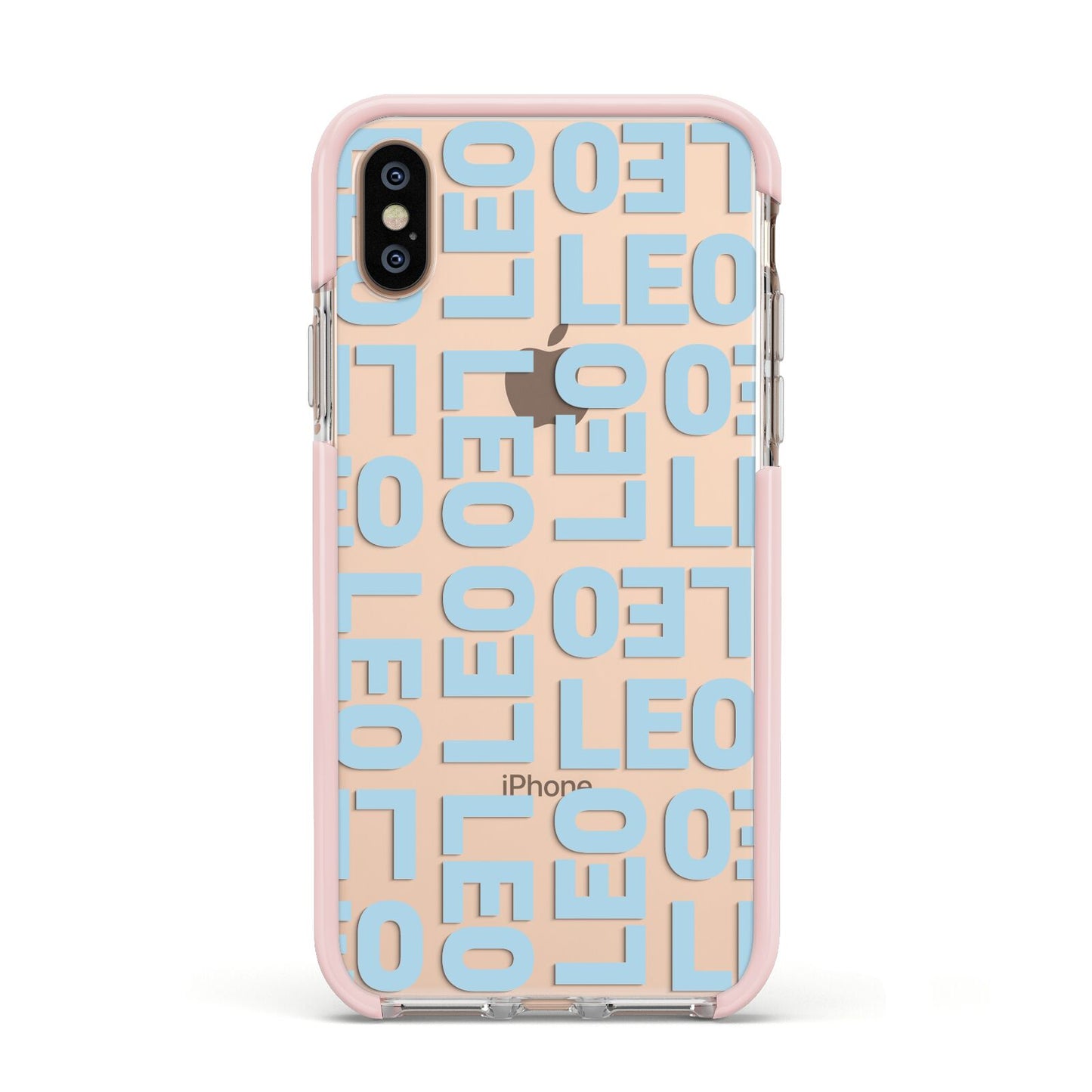 Bold Blue Block Names Apple iPhone Xs Impact Case Pink Edge on Gold Phone