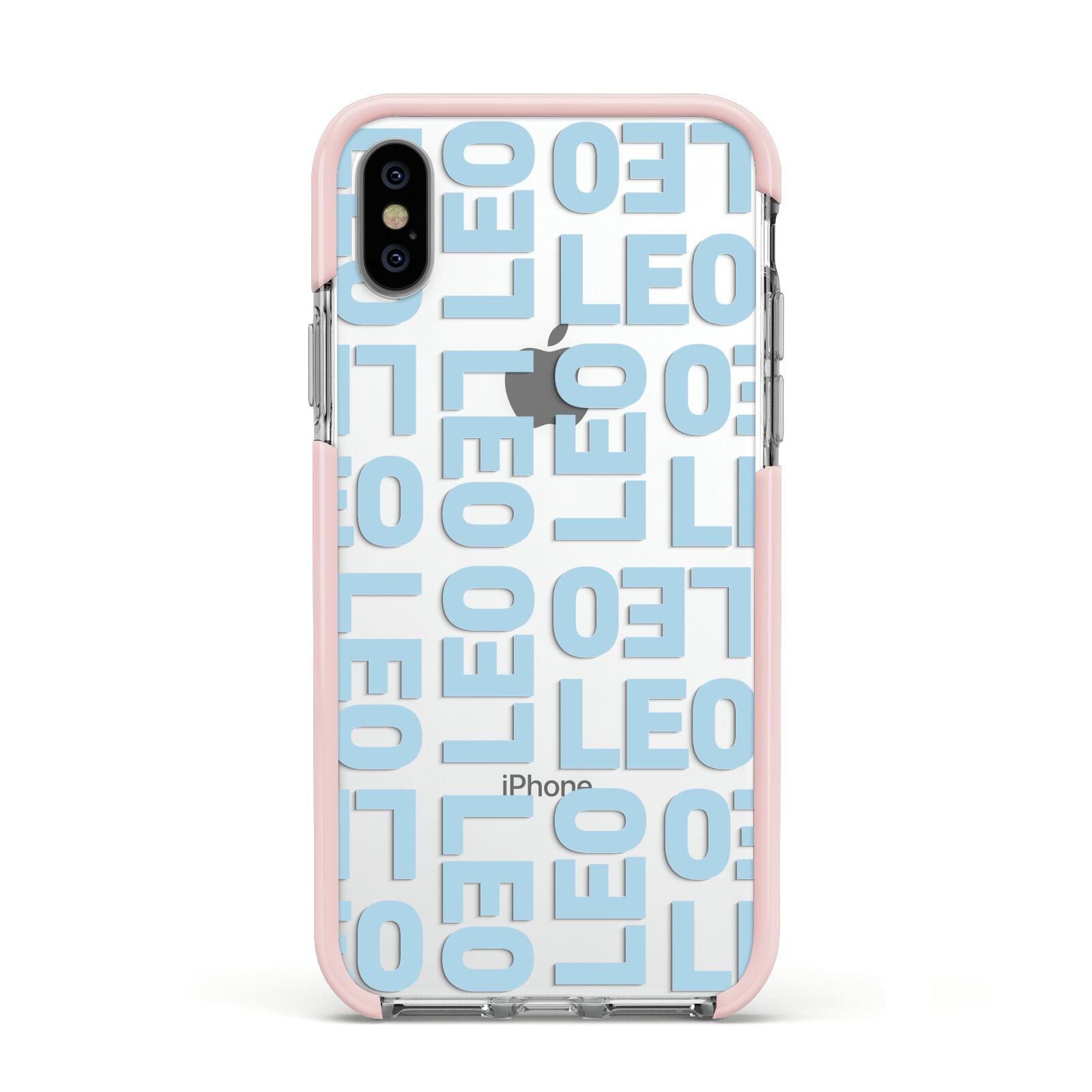 Bold Blue Block Names Apple iPhone Xs Impact Case Pink Edge on Silver Phone