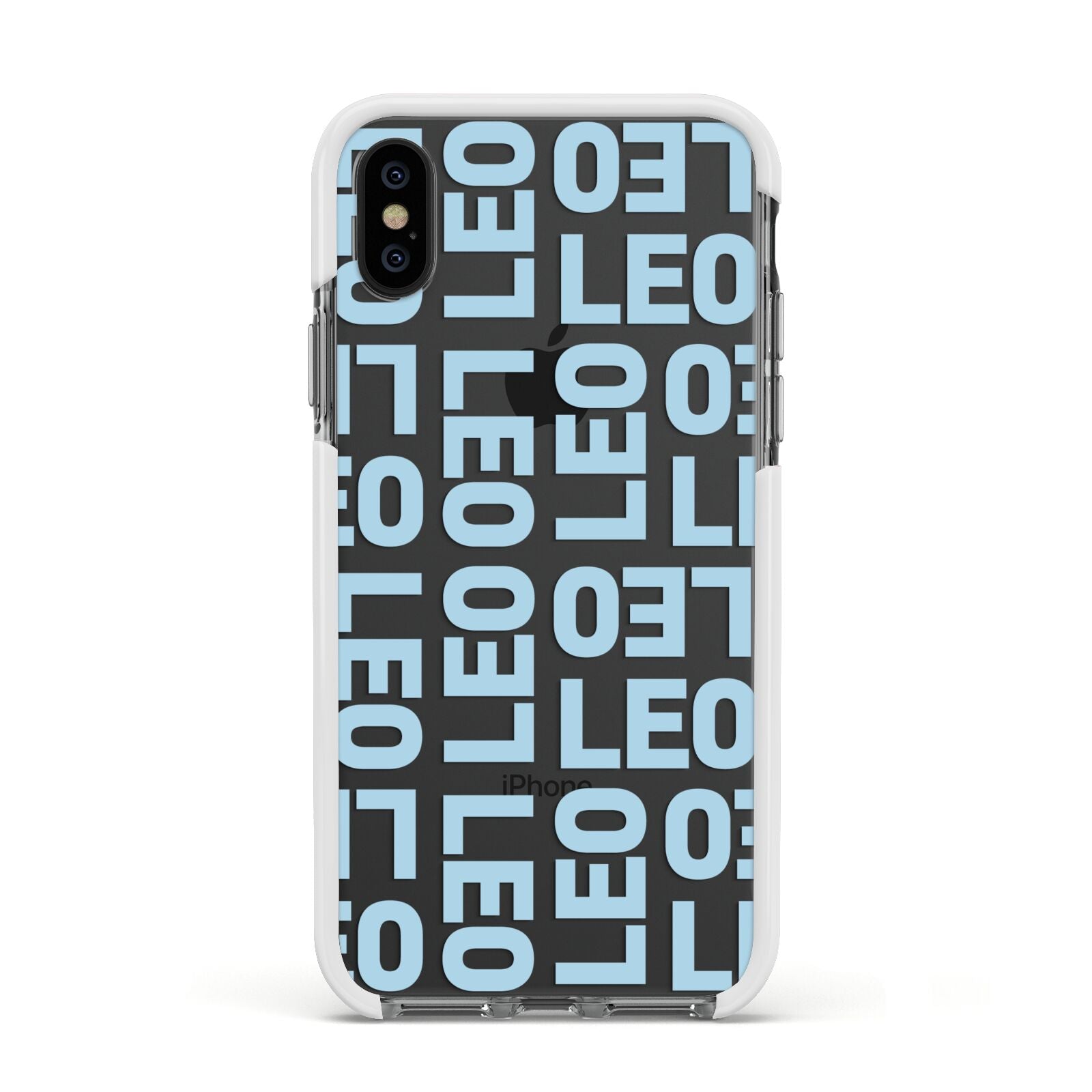 Bold Blue Block Names Apple iPhone Xs Impact Case White Edge on Black Phone