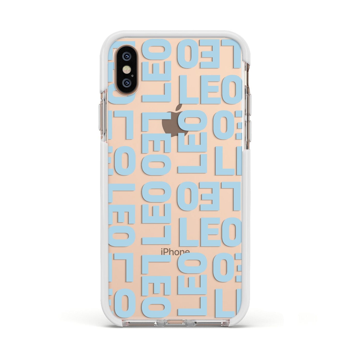 Bold Blue Block Names Apple iPhone Xs Impact Case White Edge on Gold Phone