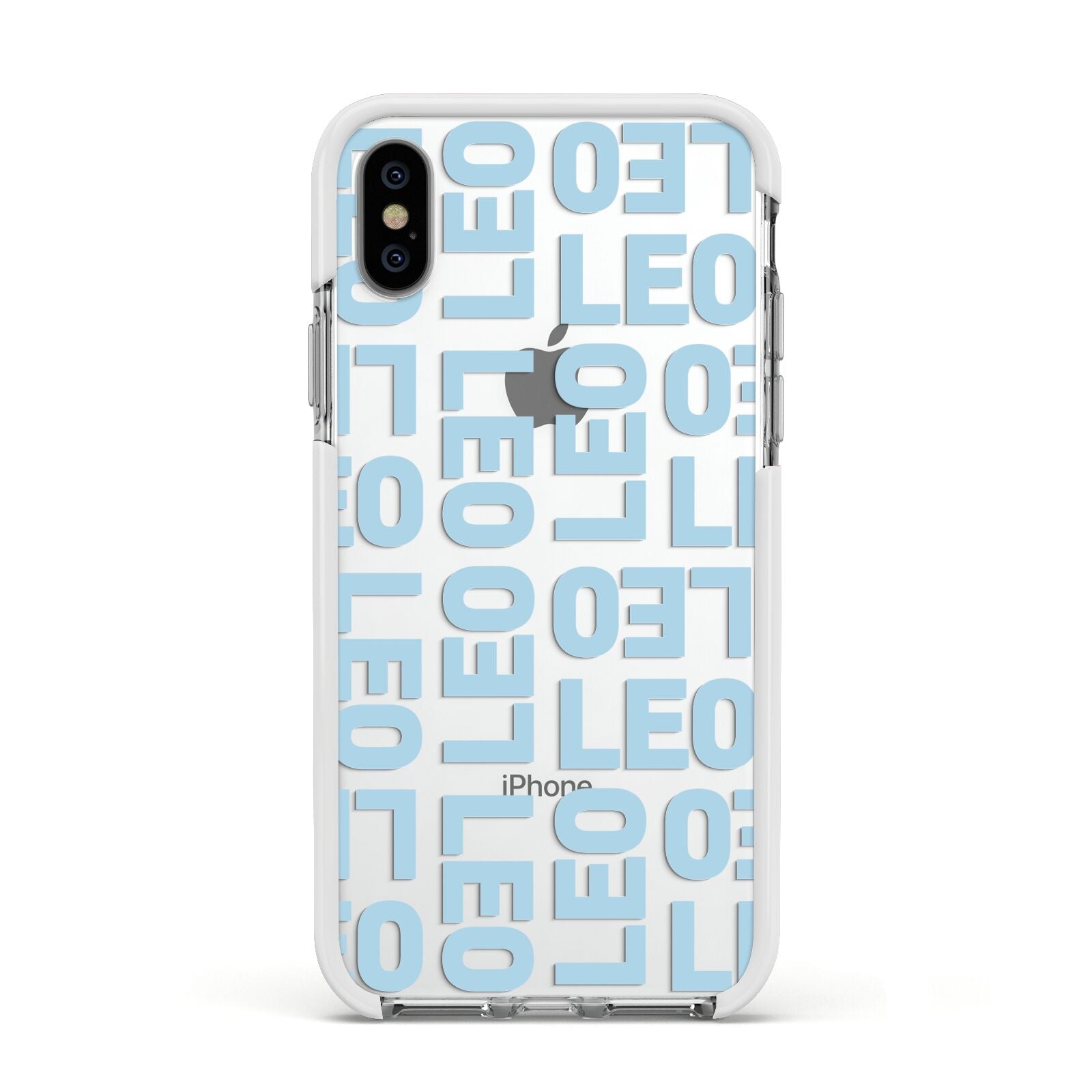 Bold Blue Block Names Apple iPhone Xs Impact Case White Edge on Silver Phone