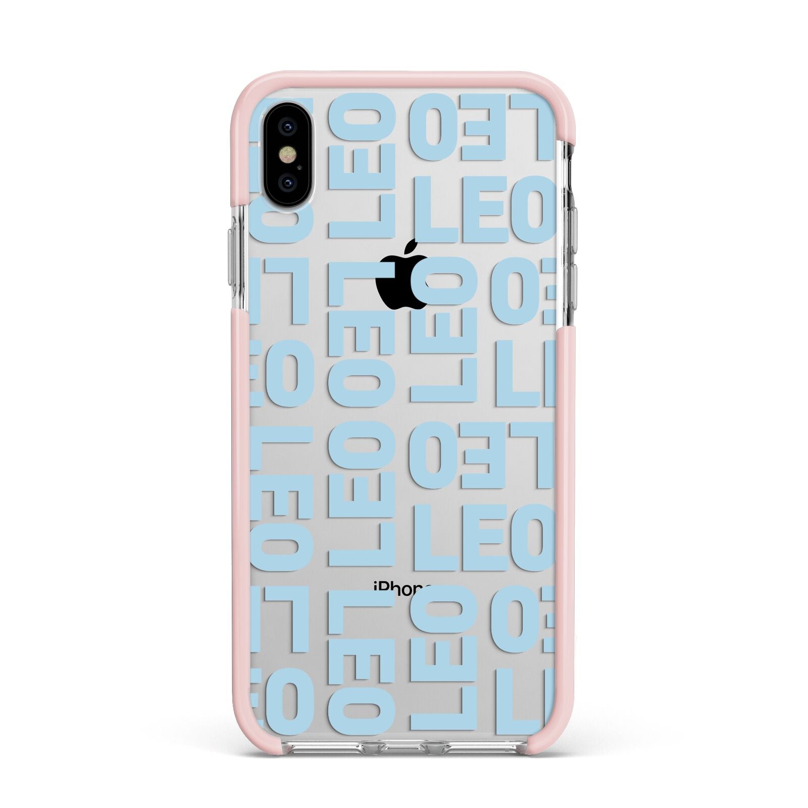 Bold Blue Block Names Apple iPhone Xs Max Impact Case Pink Edge on Silver Phone