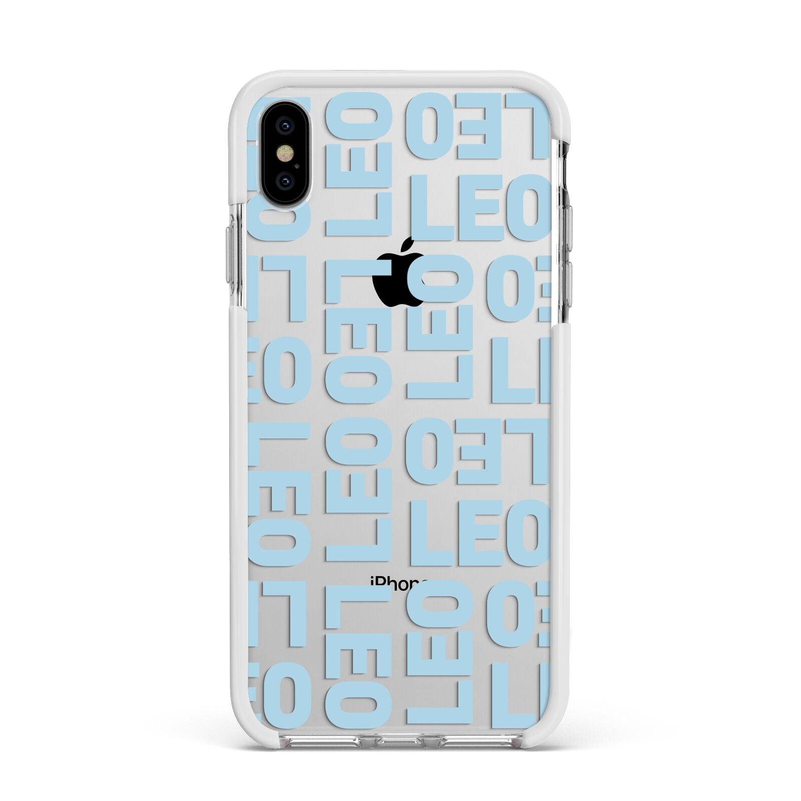 Bold Blue Block Names Apple iPhone Xs Max Impact Case White Edge on Silver Phone