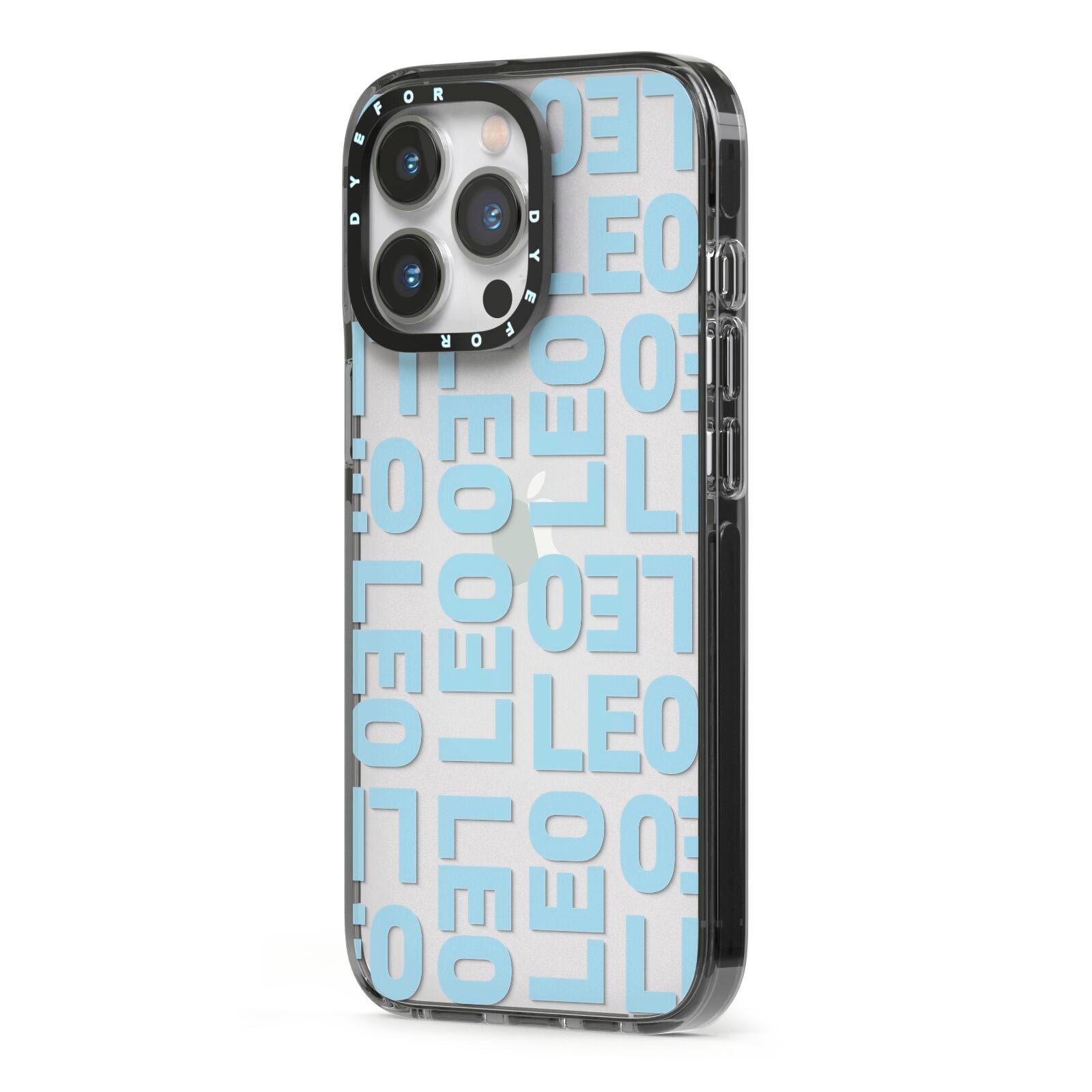 Bold Blue Block Names iPhone 13 Pro Black Impact Case Side Angle on Silver phone