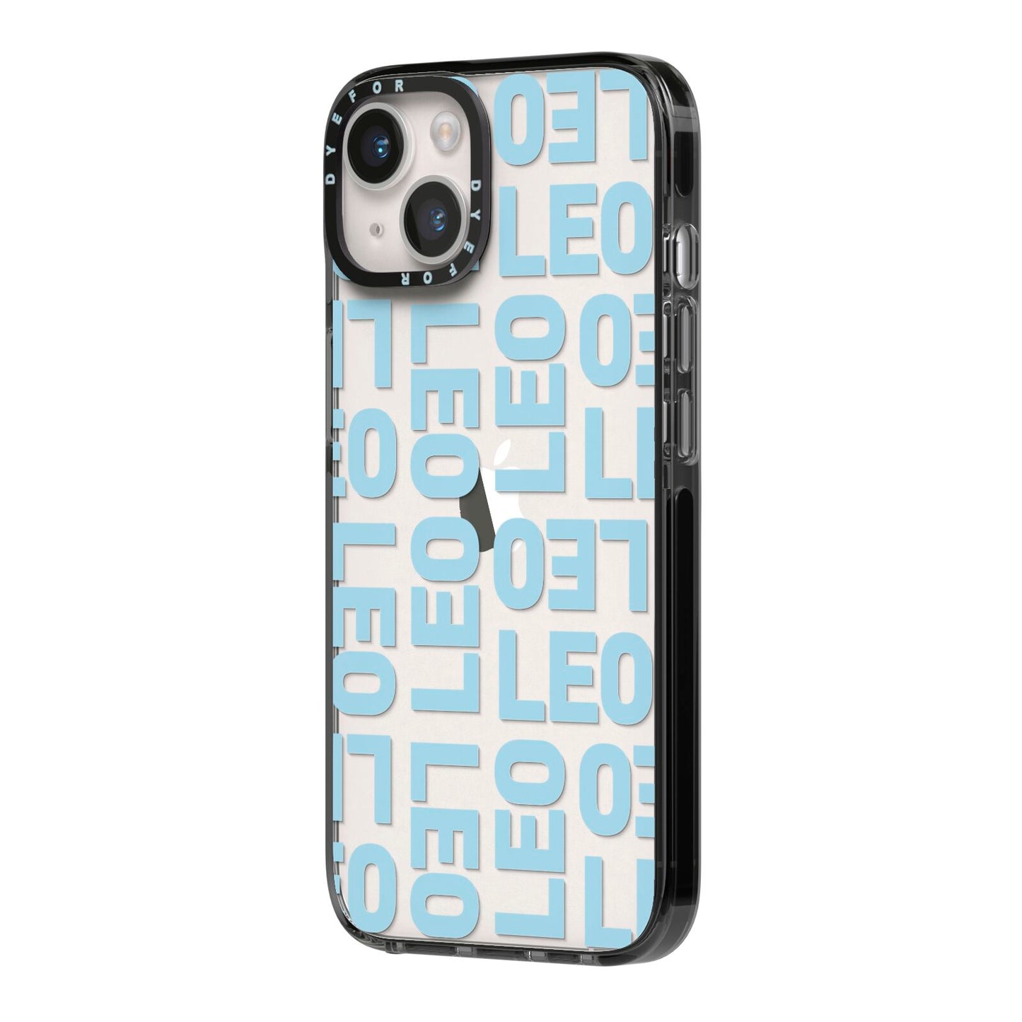 Bold Blue Block Names iPhone 14 Black Impact Case Side Angle on Silver phone