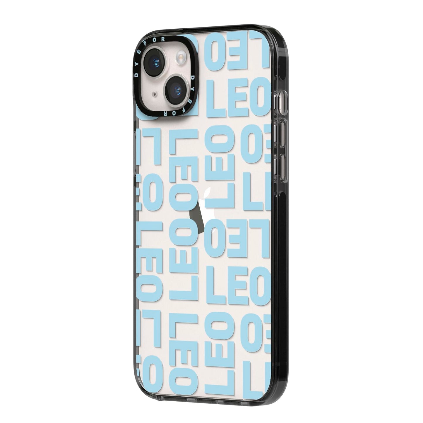 Bold Blue Block Names iPhone 14 Plus Black Impact Case Side Angle on Silver phone