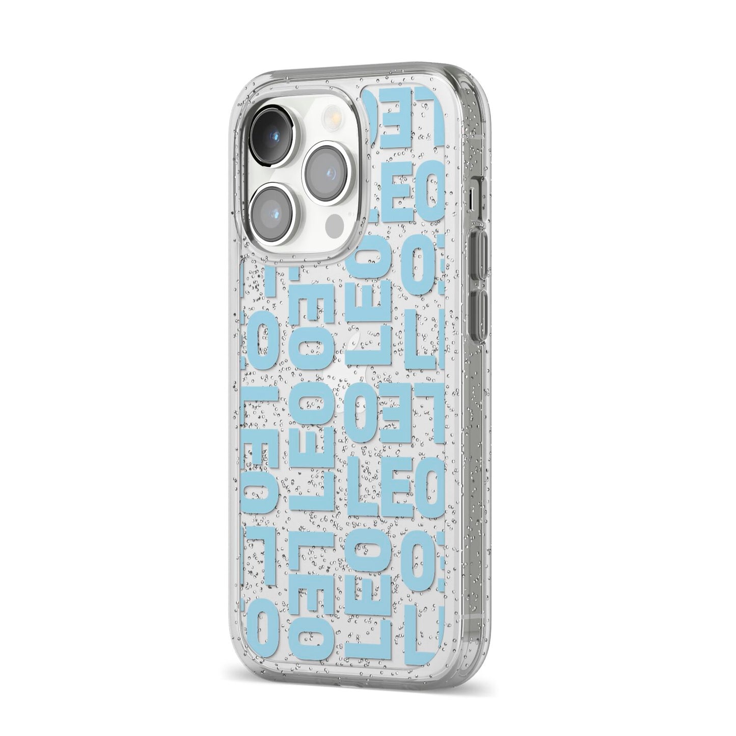 Bold Blue Block Names iPhone 14 Pro Glitter Tough Case Silver Angled Image