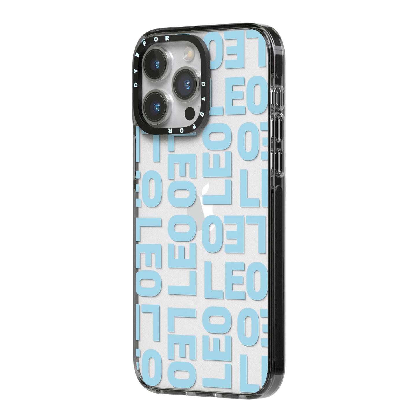 Bold Blue Block Names iPhone 14 Pro Max Black Impact Case Side Angle on Silver phone