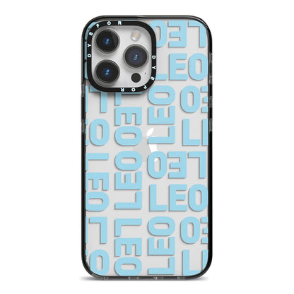 Bold Blue Block Names iPhone 14 Pro Max Black Impact Case on Silver phone